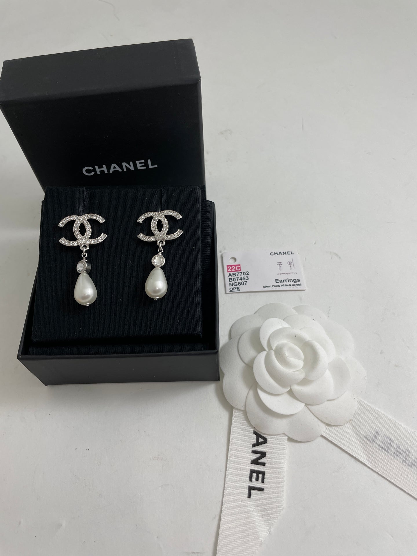 Chanel 22 CC Silver Tone Oval Pearl Drop Earrings