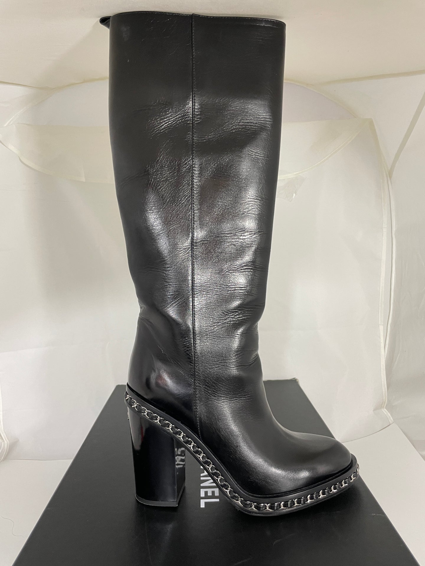 Chanel 14K Black Chain Tall Boots