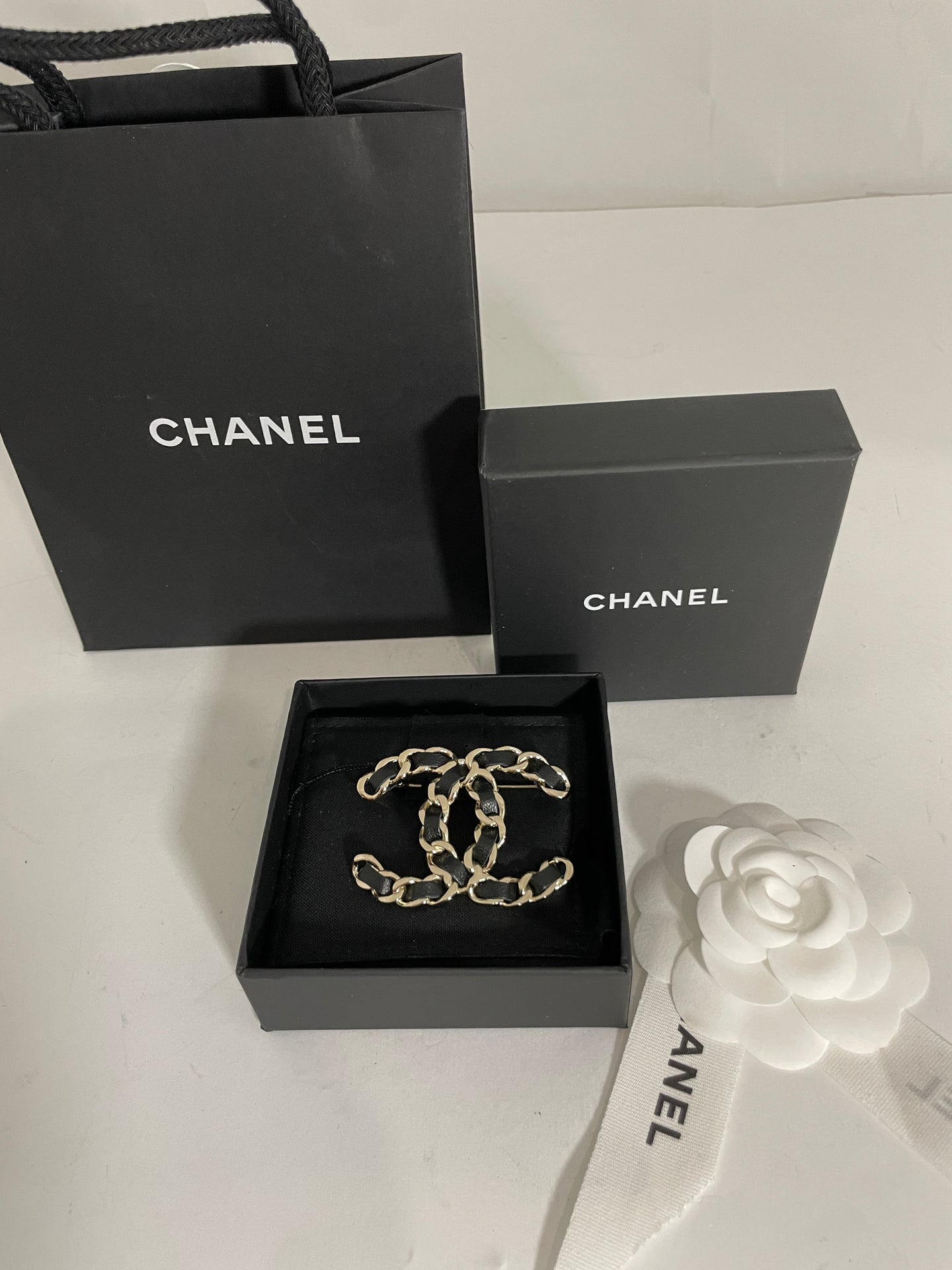 Chanel Chain Black Leather Large Brooch