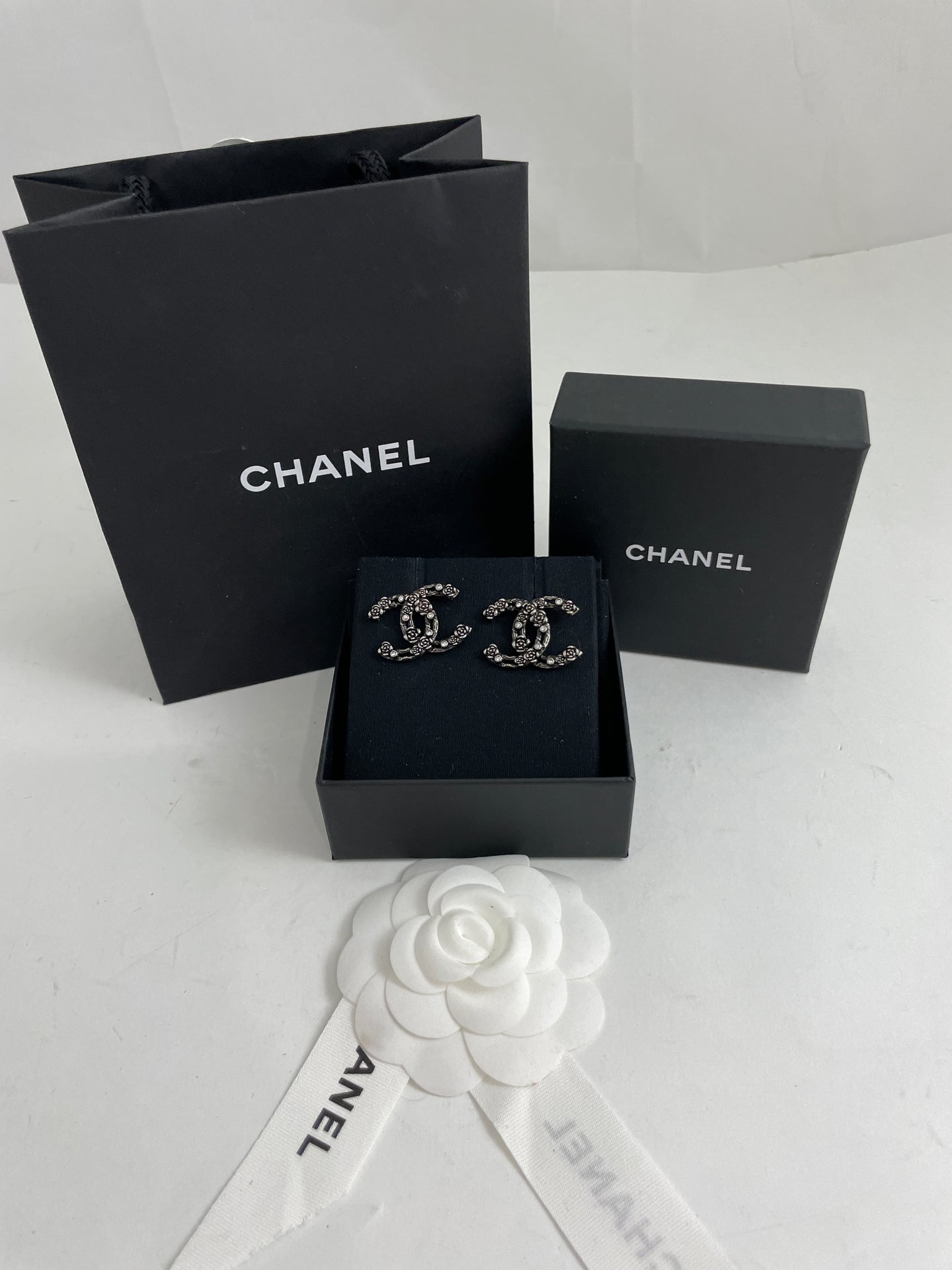 Chanel CC Large Ruthenium Crystal Inlay Camellia Stud Earrings