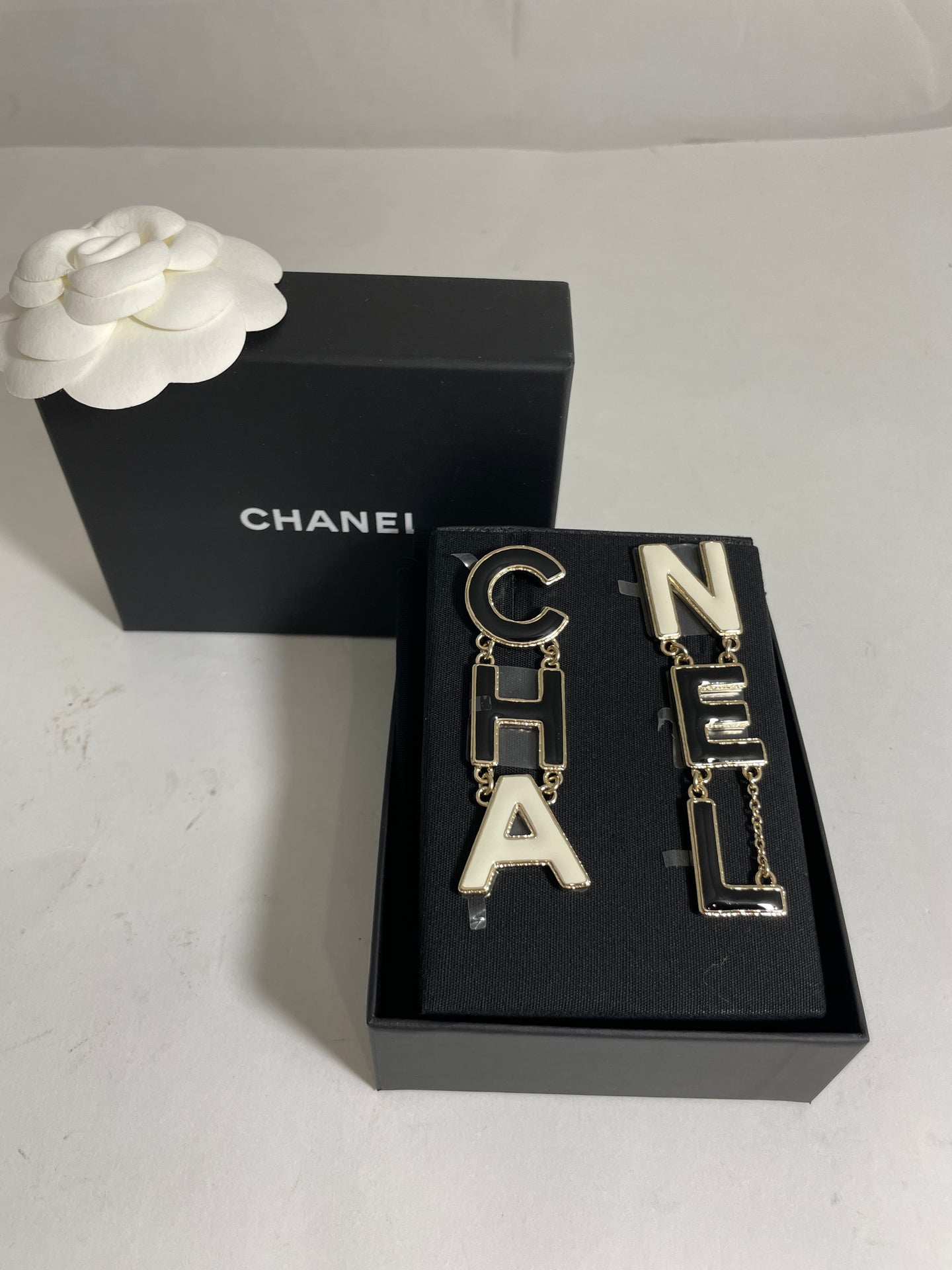 Chanel 22A CC Enamel Gold Tone CHA NEL Drop Earrings