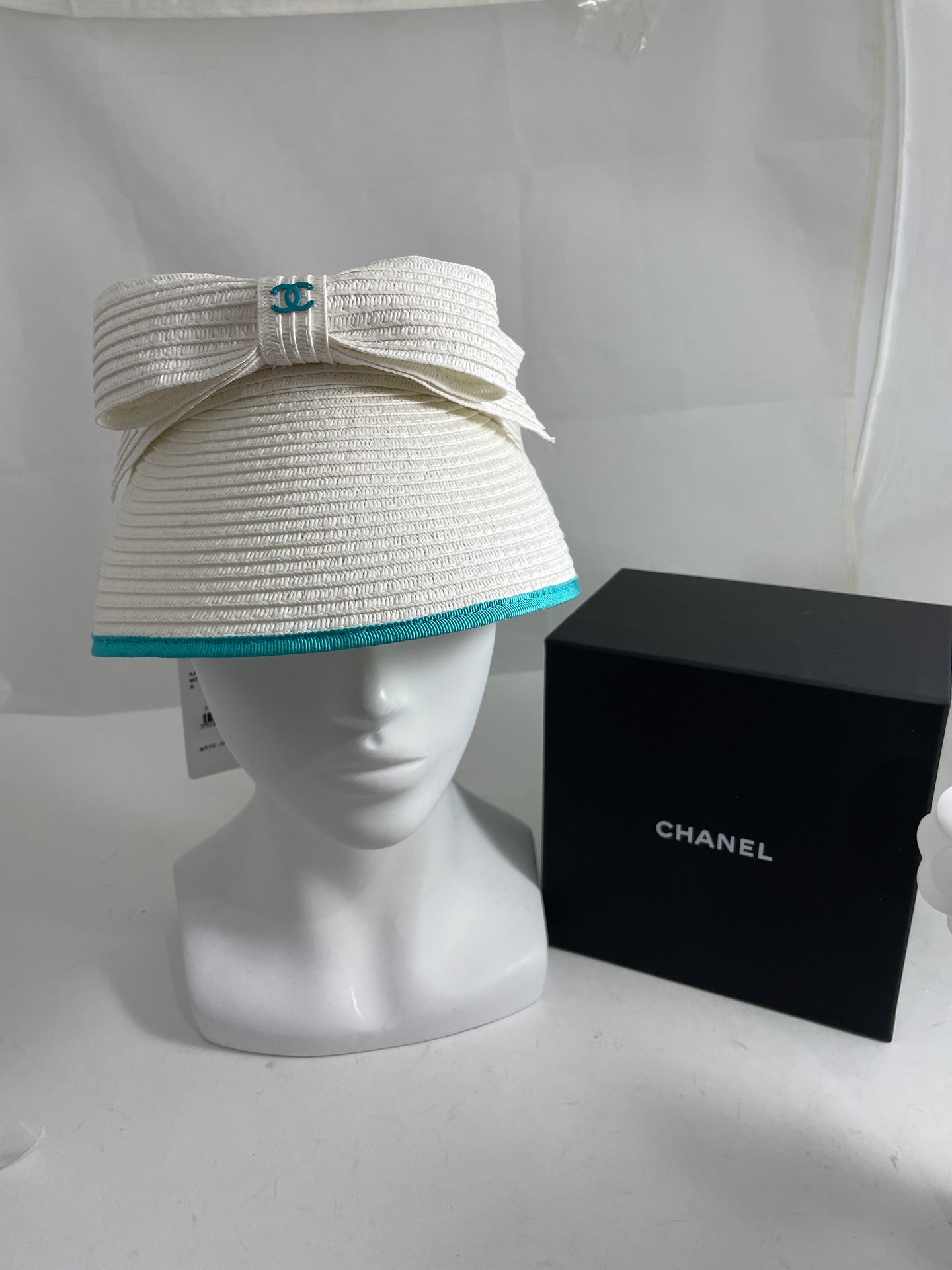 Chanel New in Box White Cotton Viscose Blue CC Sun Visor Hat