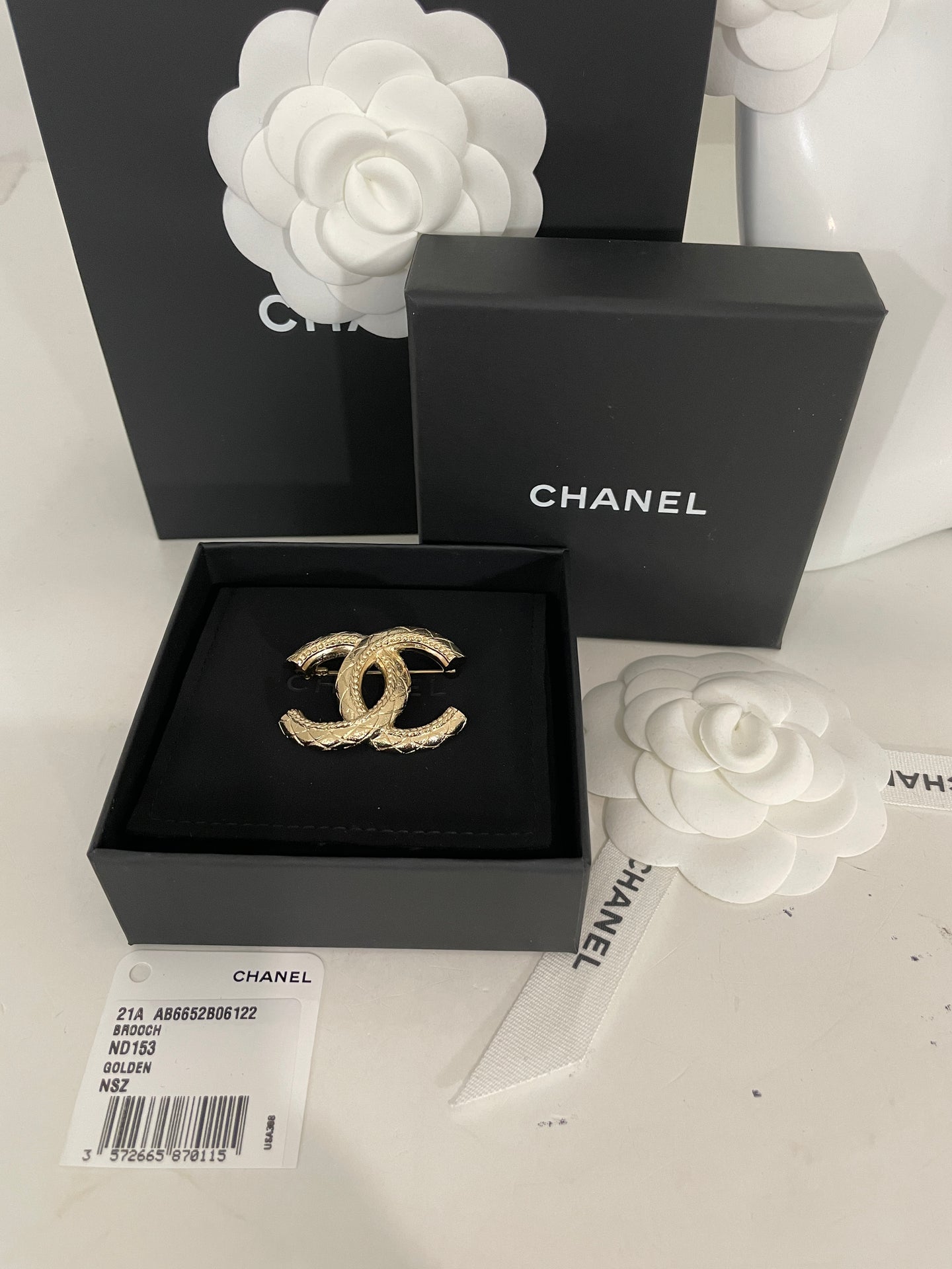Chanel CC Quilted Gold Tone Brooch