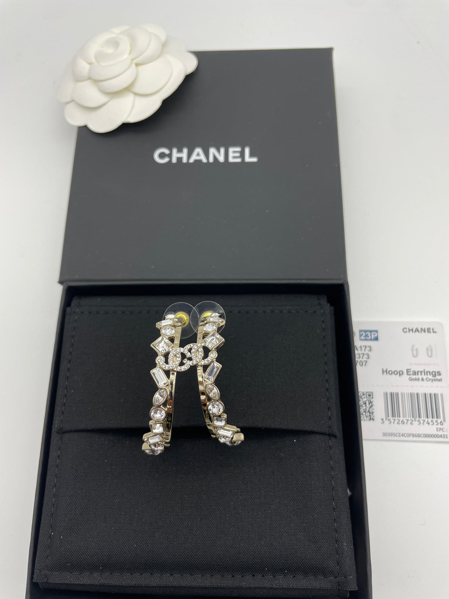 Chanel 23P CC Gold Tone Hoop Crystal Earrings