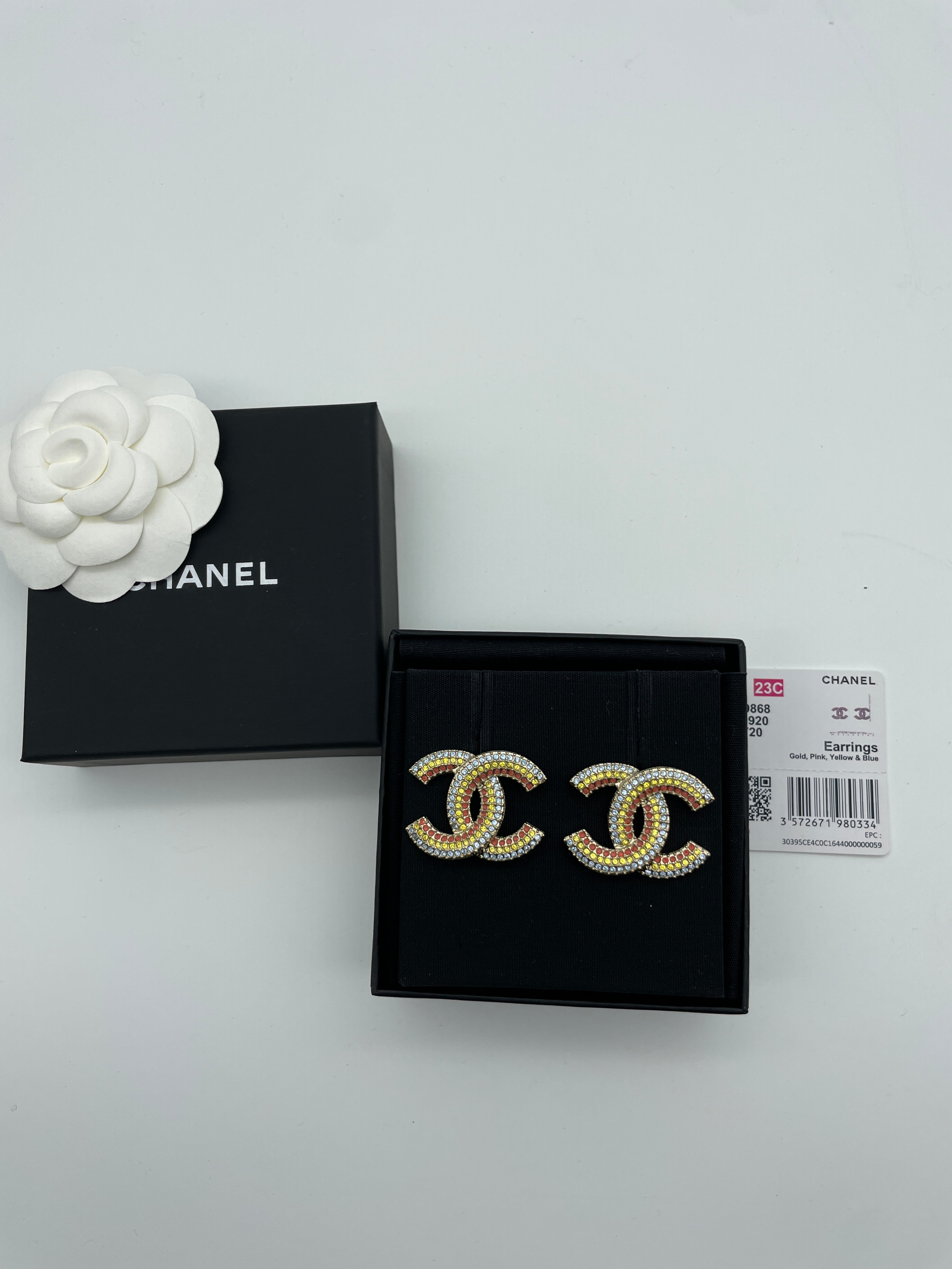Chanel Brand New Gold CC Yellow Pink Blue Asymmetrical Crystal