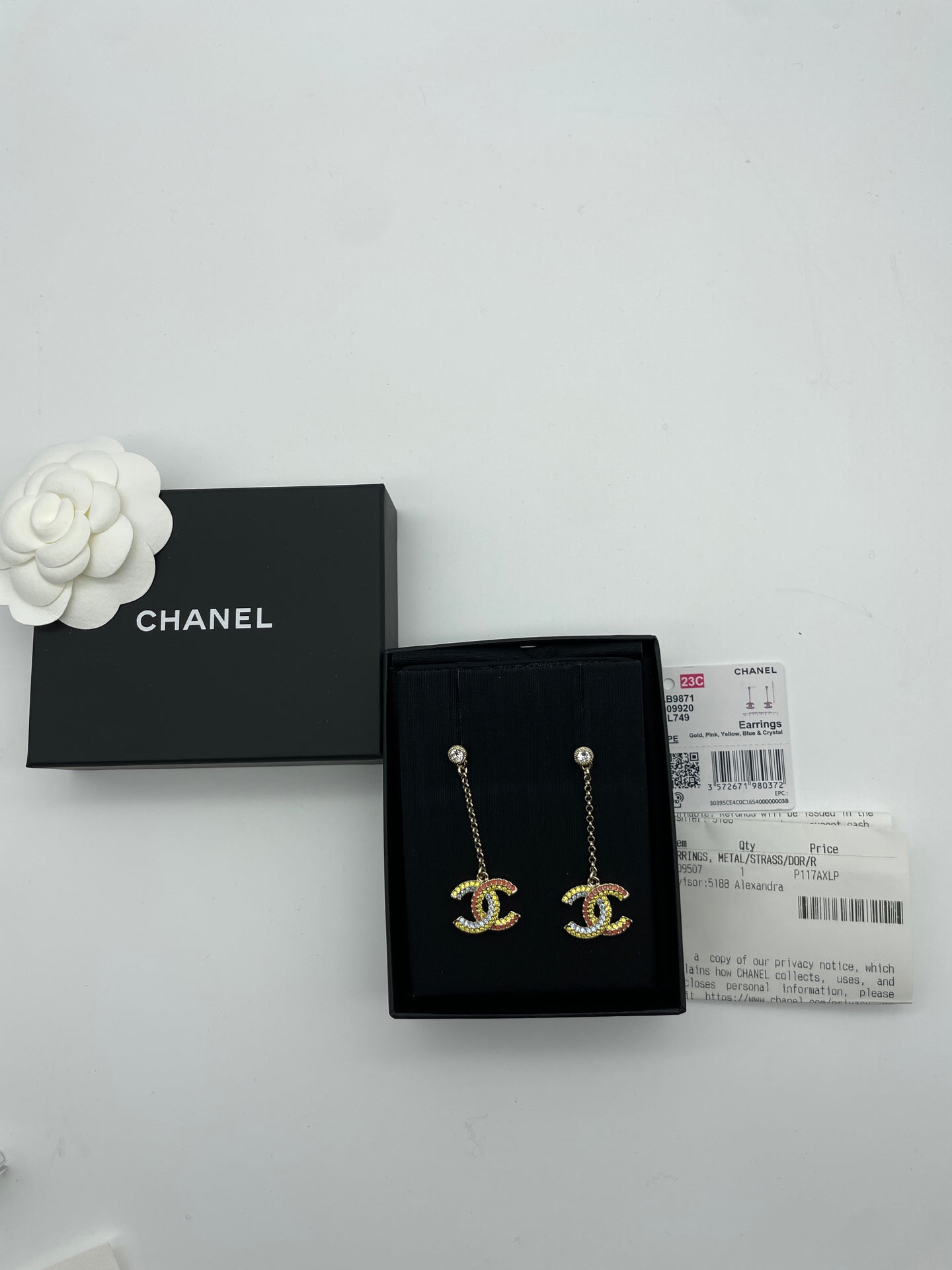 Chanel 23C CC Gold Tone Chain With Drop CC Multicolor Earrings
