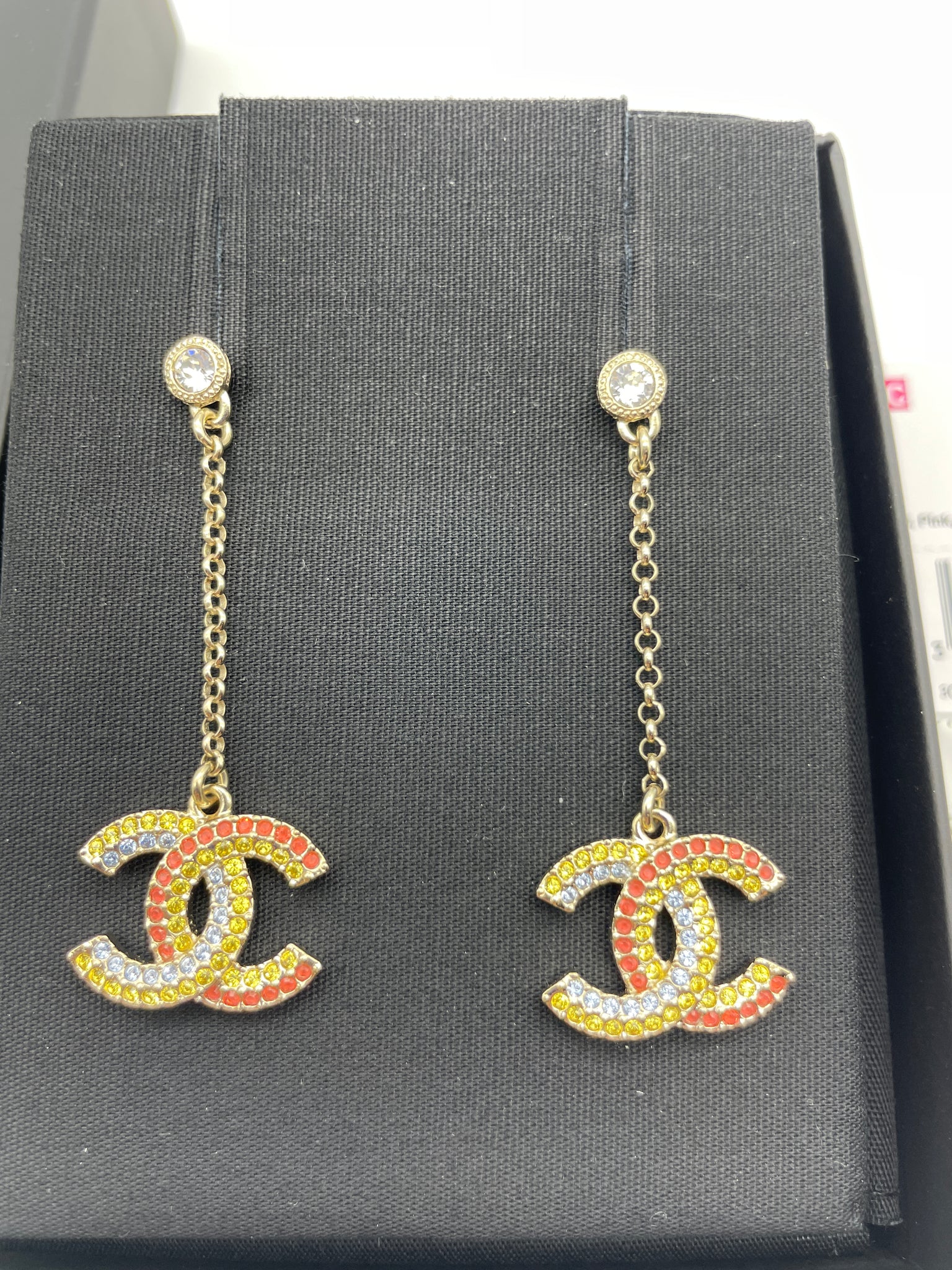 Chanel 23C Large CC Gold Tone Blue Yellow Pink Crystal Earring