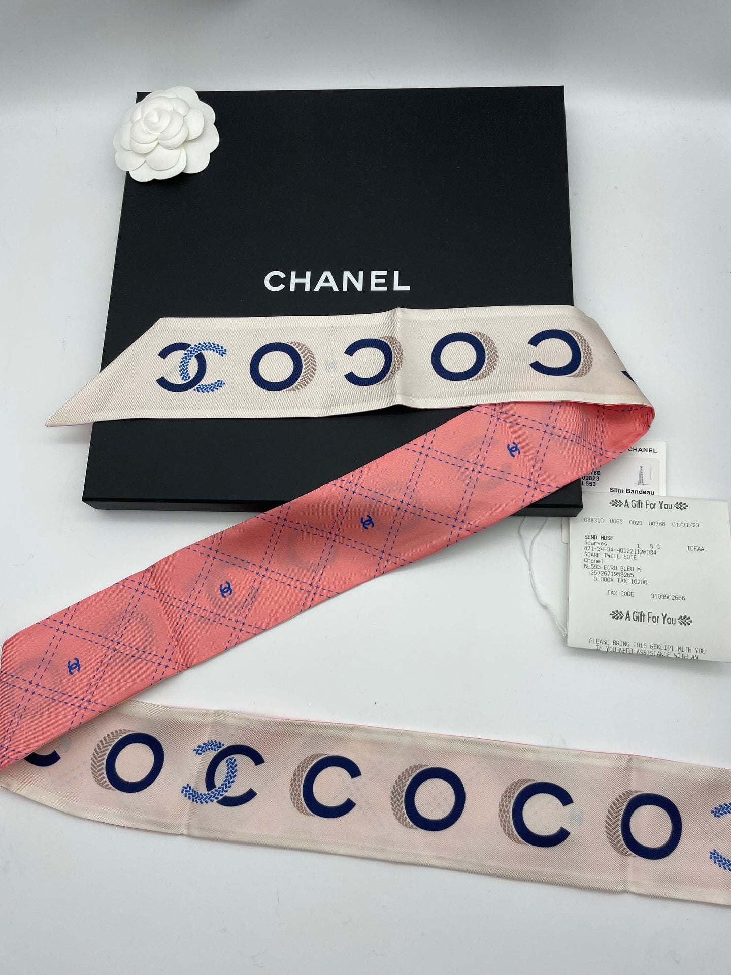 Chanel Pink Navy White Coco Twilly Scarf