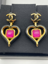 Load image into Gallery viewer, Chanel CC Gold Tone Heart Black Enamel Pink Resin Earrings
