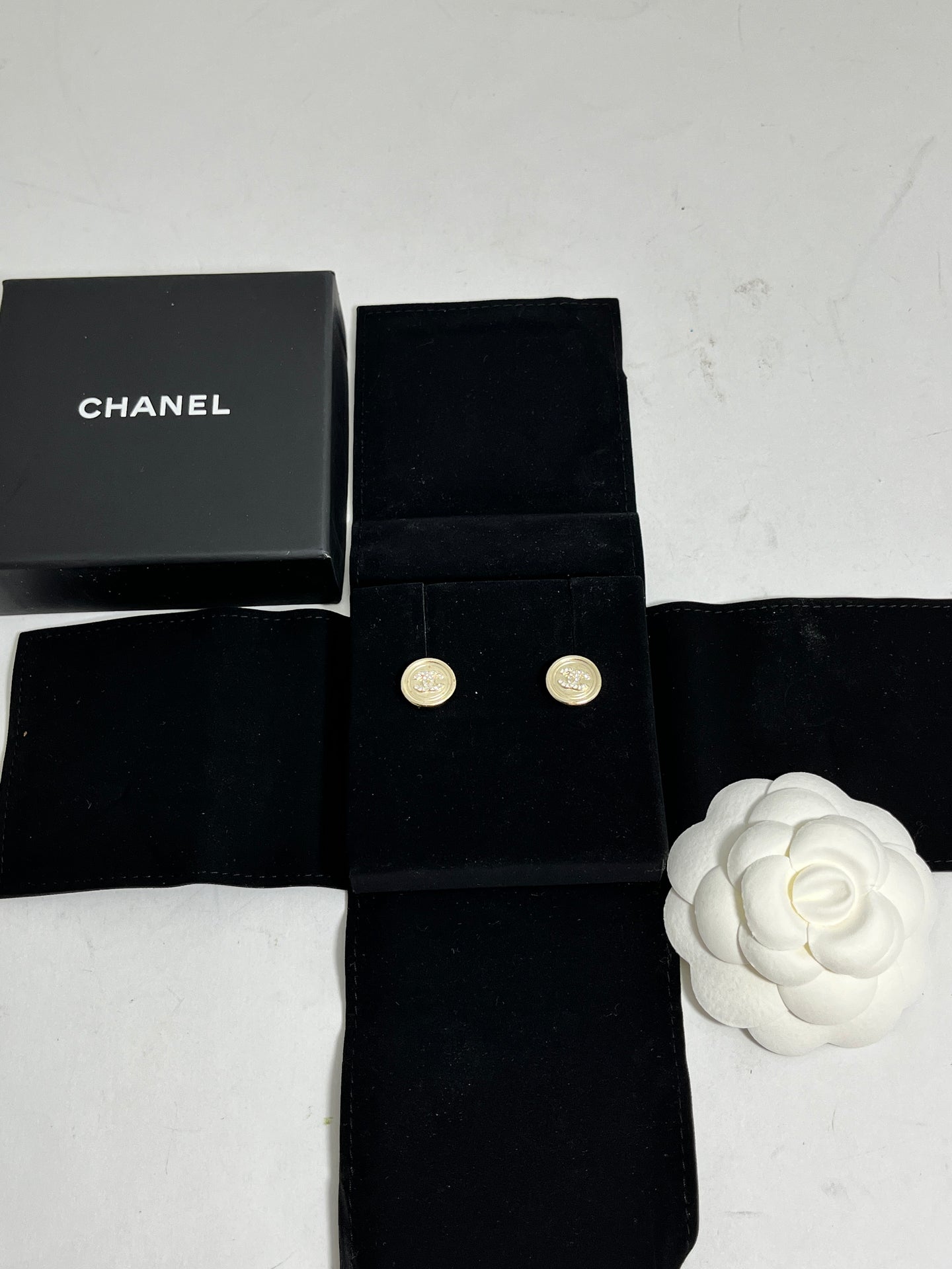 Chanel Gold Round Button Crystal CC Earrings