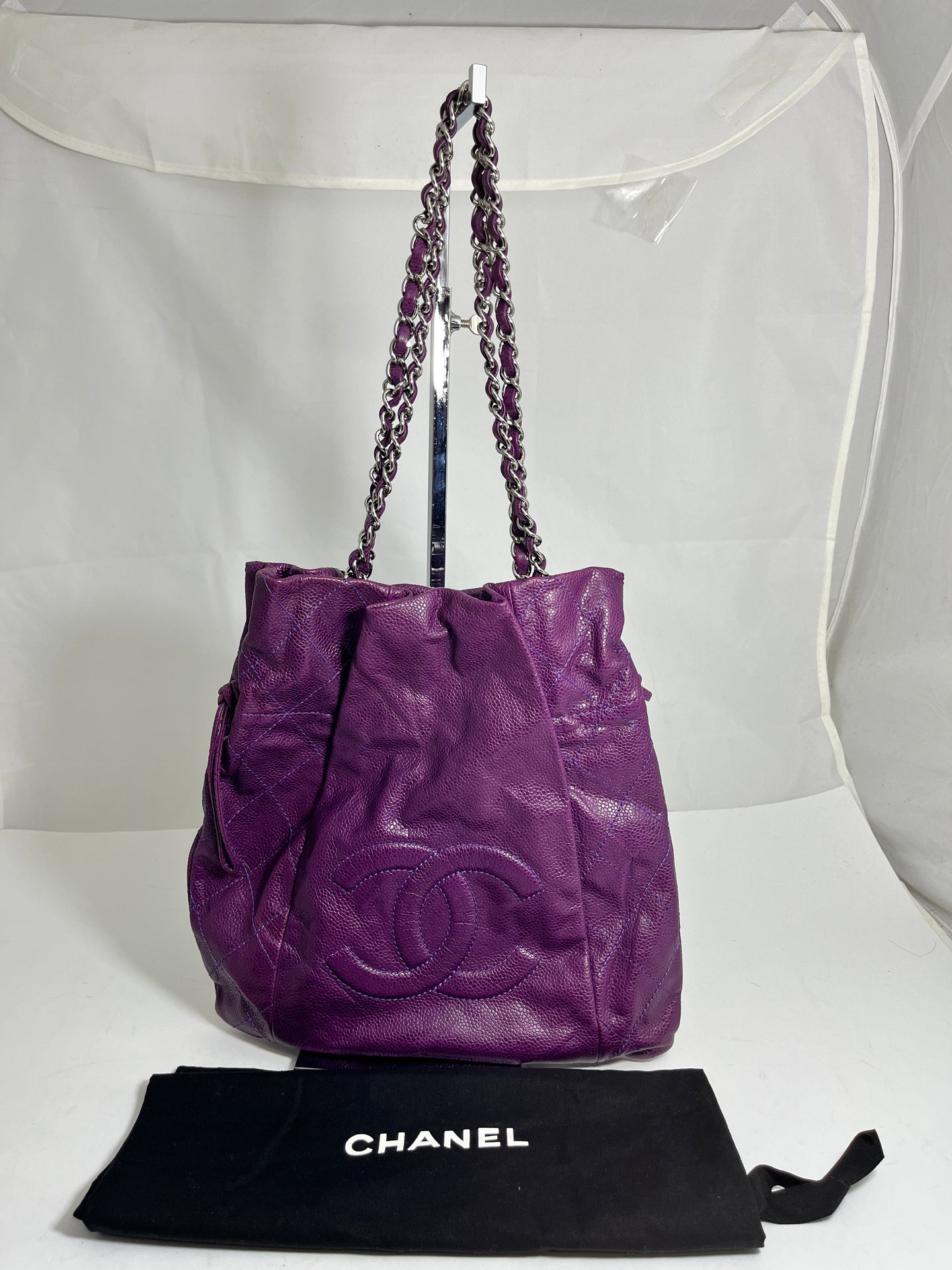 Chanel Purple Caviar Drawstring Tote Shoulder bag