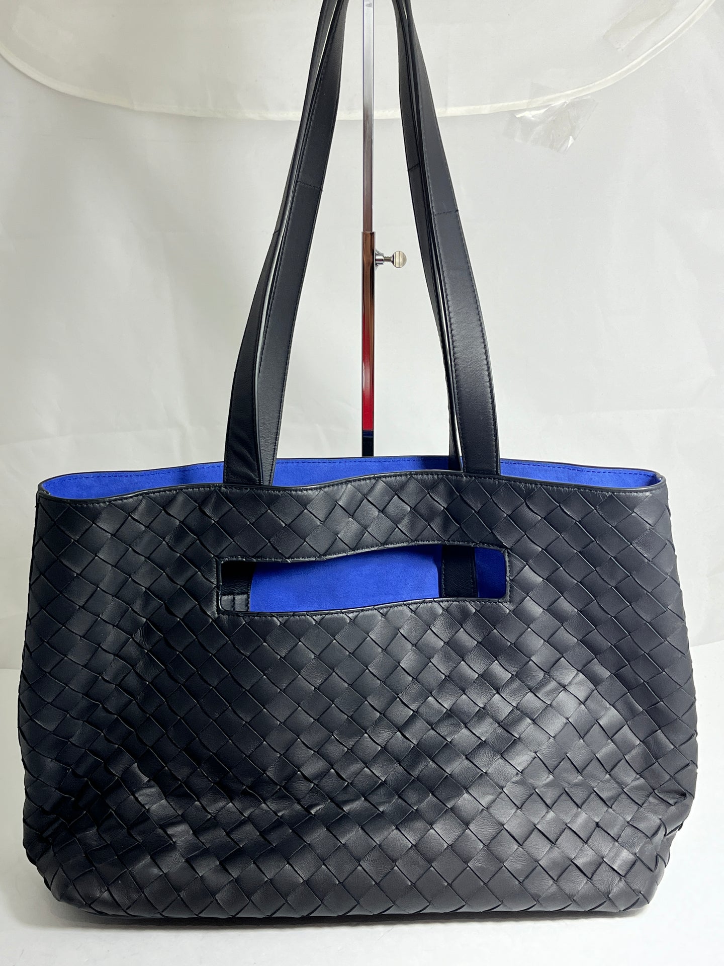 Bottega Veneta Black Blue Intreciatto Leather Tote Handbag
