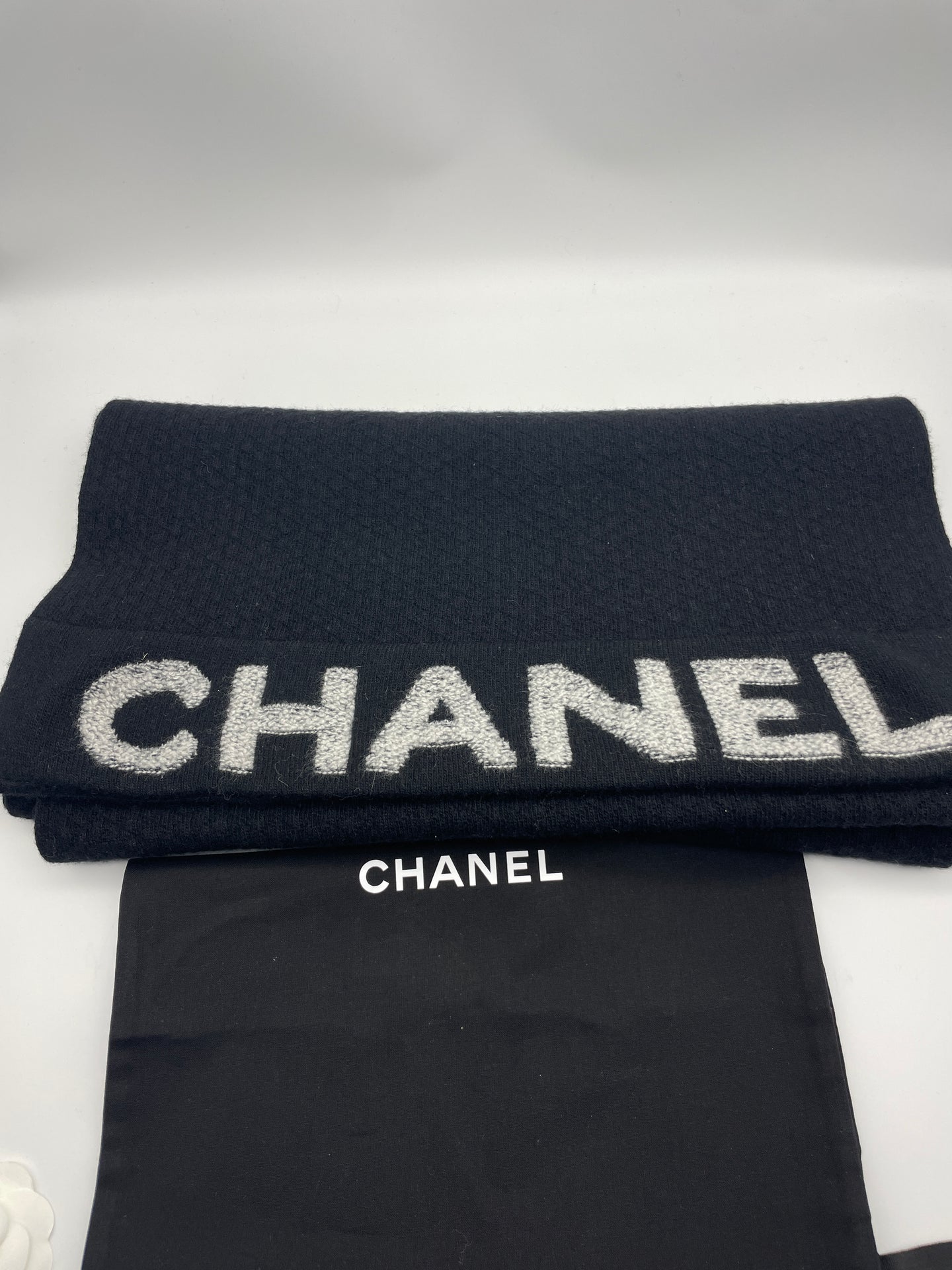 Chanel Black Textured Wool Cashmere Scarf