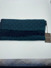 Load image into Gallery viewer, Gucci Wool Silk GG Logo Wrap Reversible Green Navy Scarf
