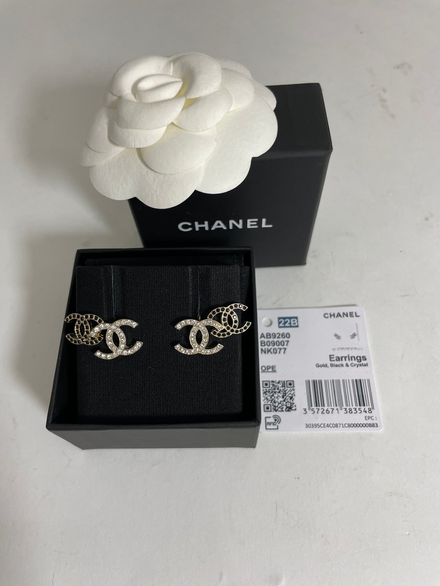 Chanel 22B CC Gold Black White Crystal Double Stud Earrings – The
