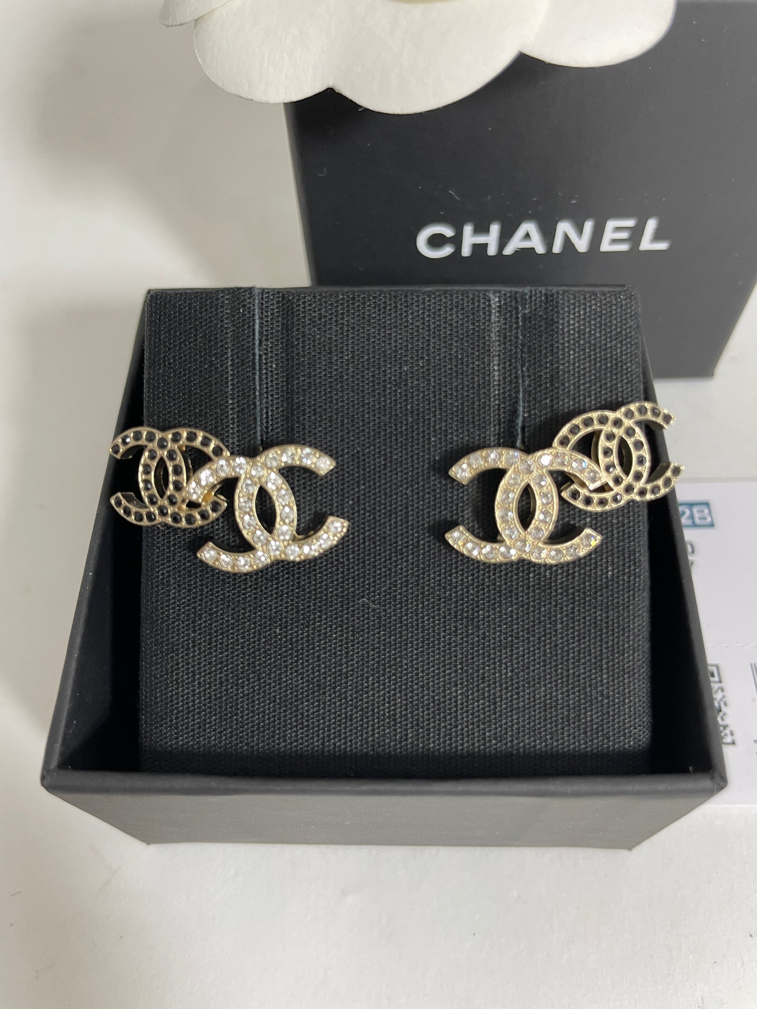 Chanel 22B CC Gold Black White Crystal Double Stud Earrings
