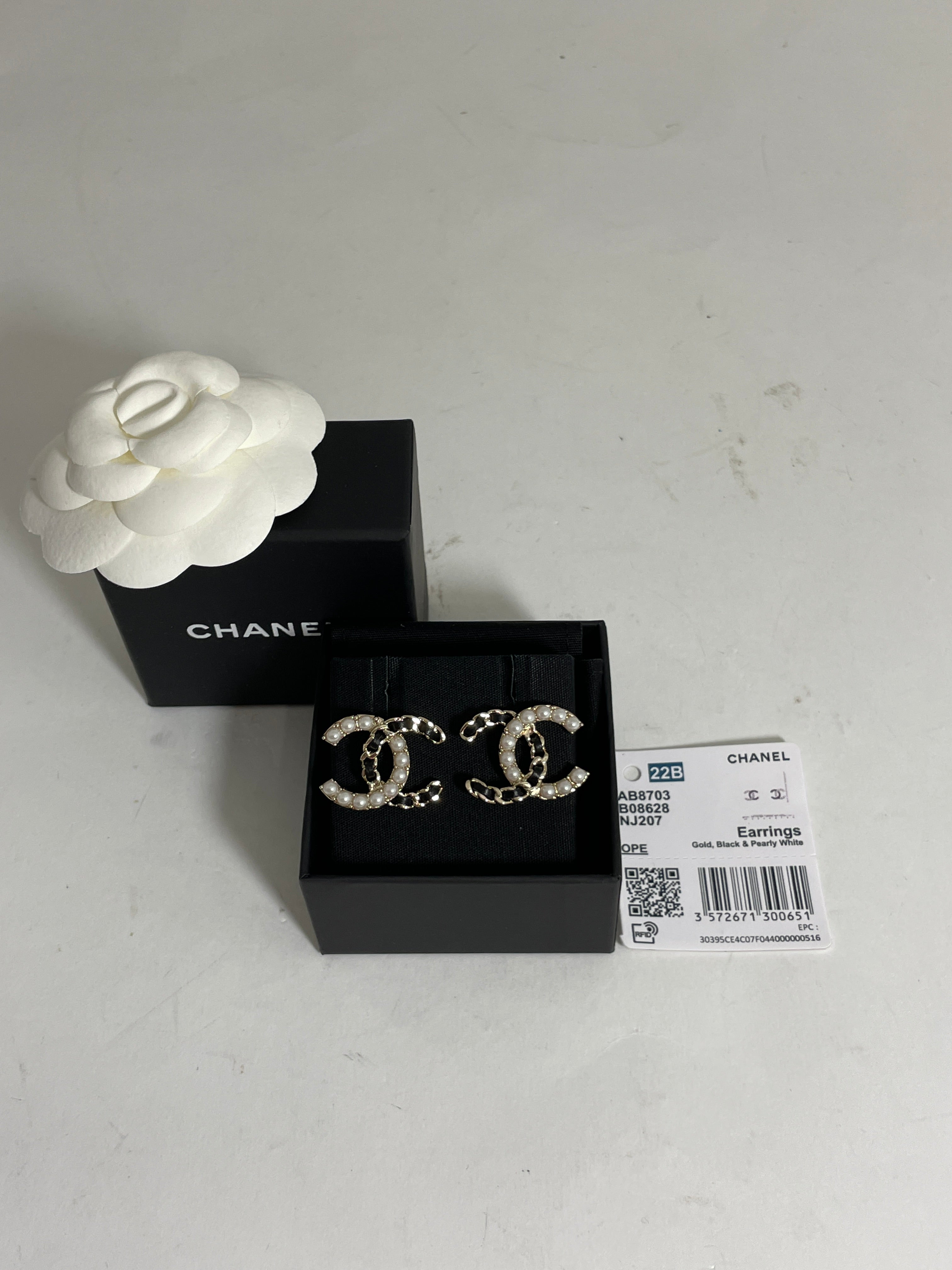 Chanel Big CC Stud Pearl Black Leather Chain Earrings – The