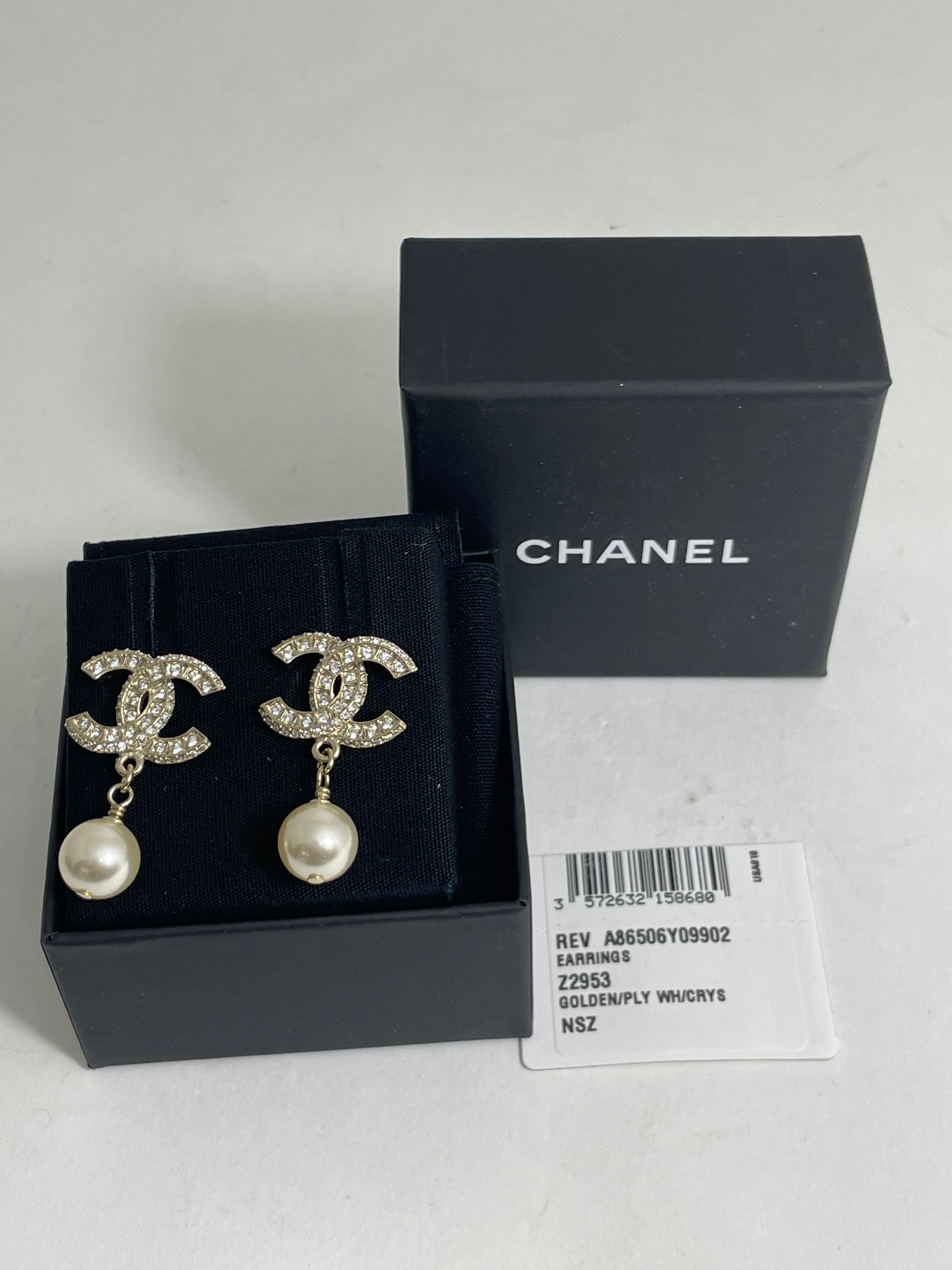 Chanel 22 CC Crystal Gold Tone Pearl Drop Earrings – The