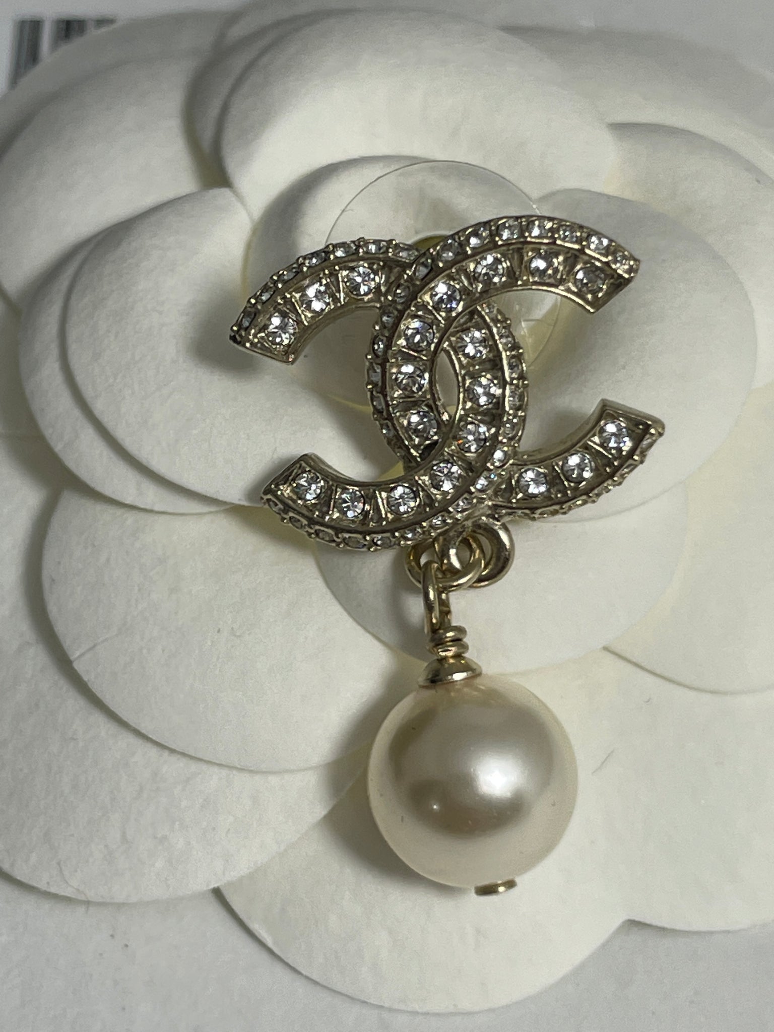 Chanel 22 CC Crystal Gold Tone Pearl Drop Earrings