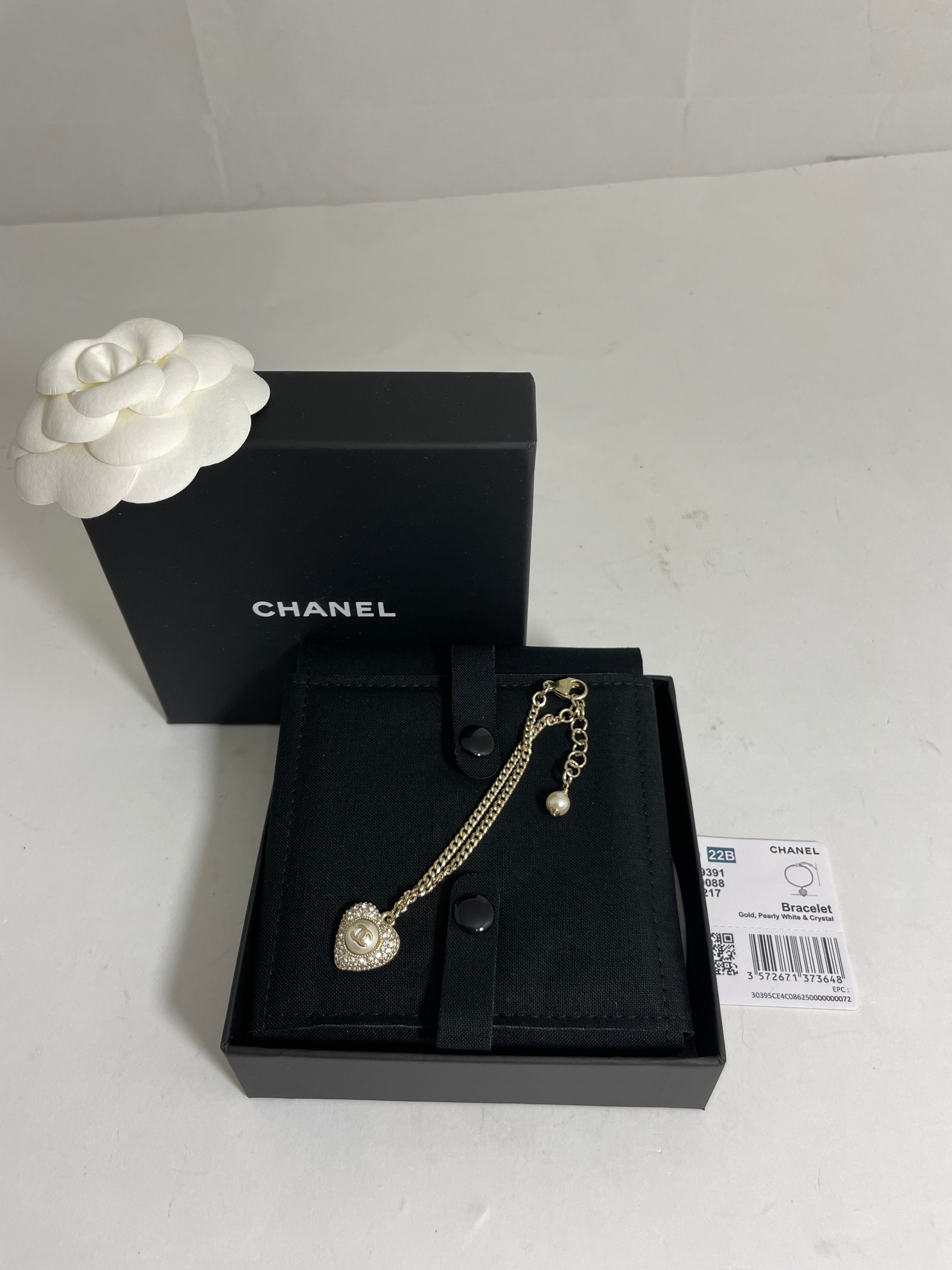 Chanel CC Gold Tone Heart Pearl Crystal Charm Bracelet – The