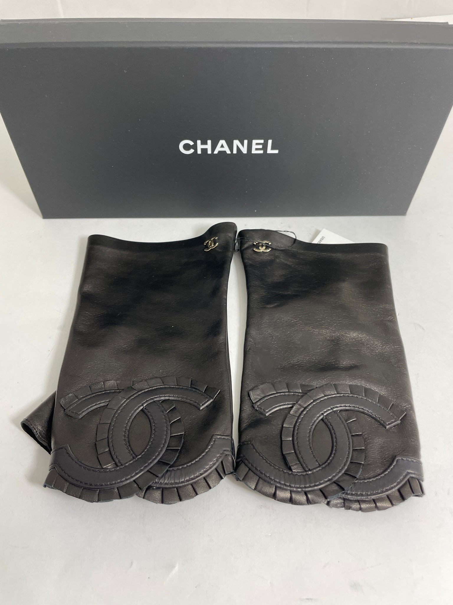 Chanel White & Black Lambskin CC Fingerless Gloves