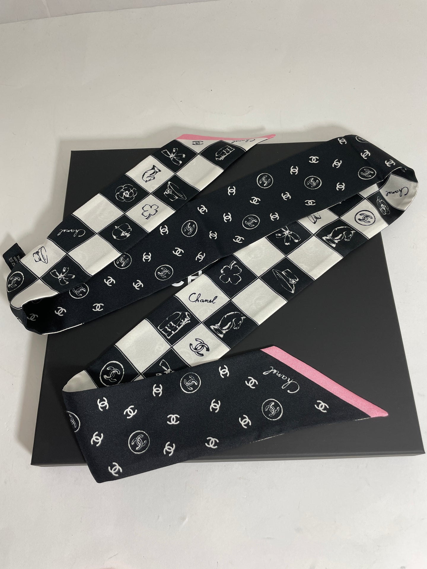 Chanel Pink Black White Twilly Scarf