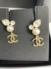 Load image into Gallery viewer, Chanel Large 2 Crystal Pearl With Gold Tone CC Drop Earrings
