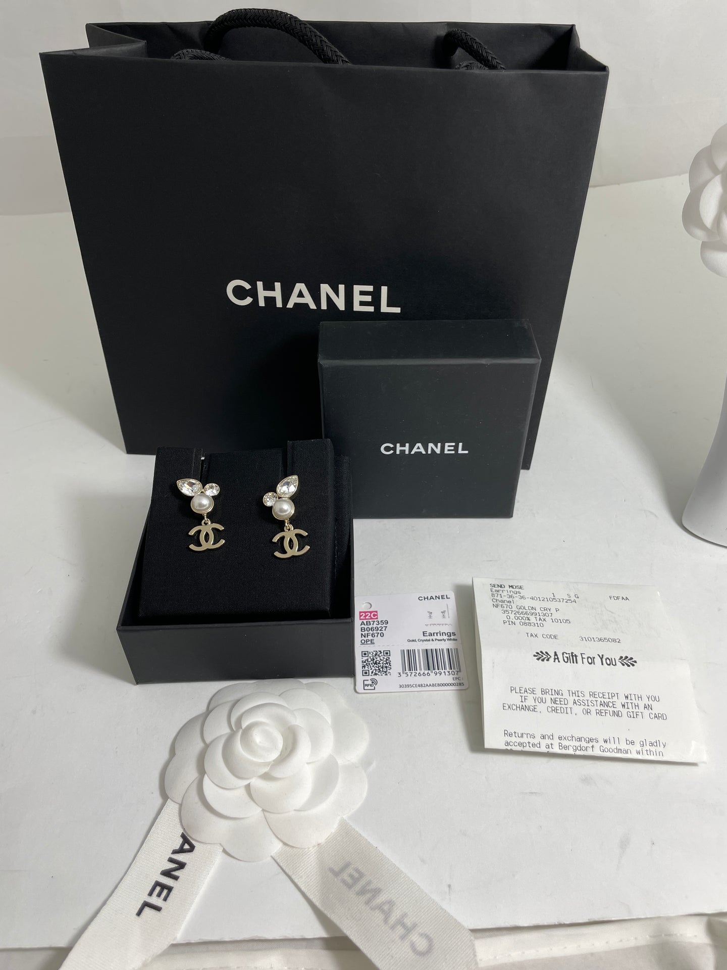 Chanel Large 2 Crystal Pearl With Gold Tone CC Drop Earrings