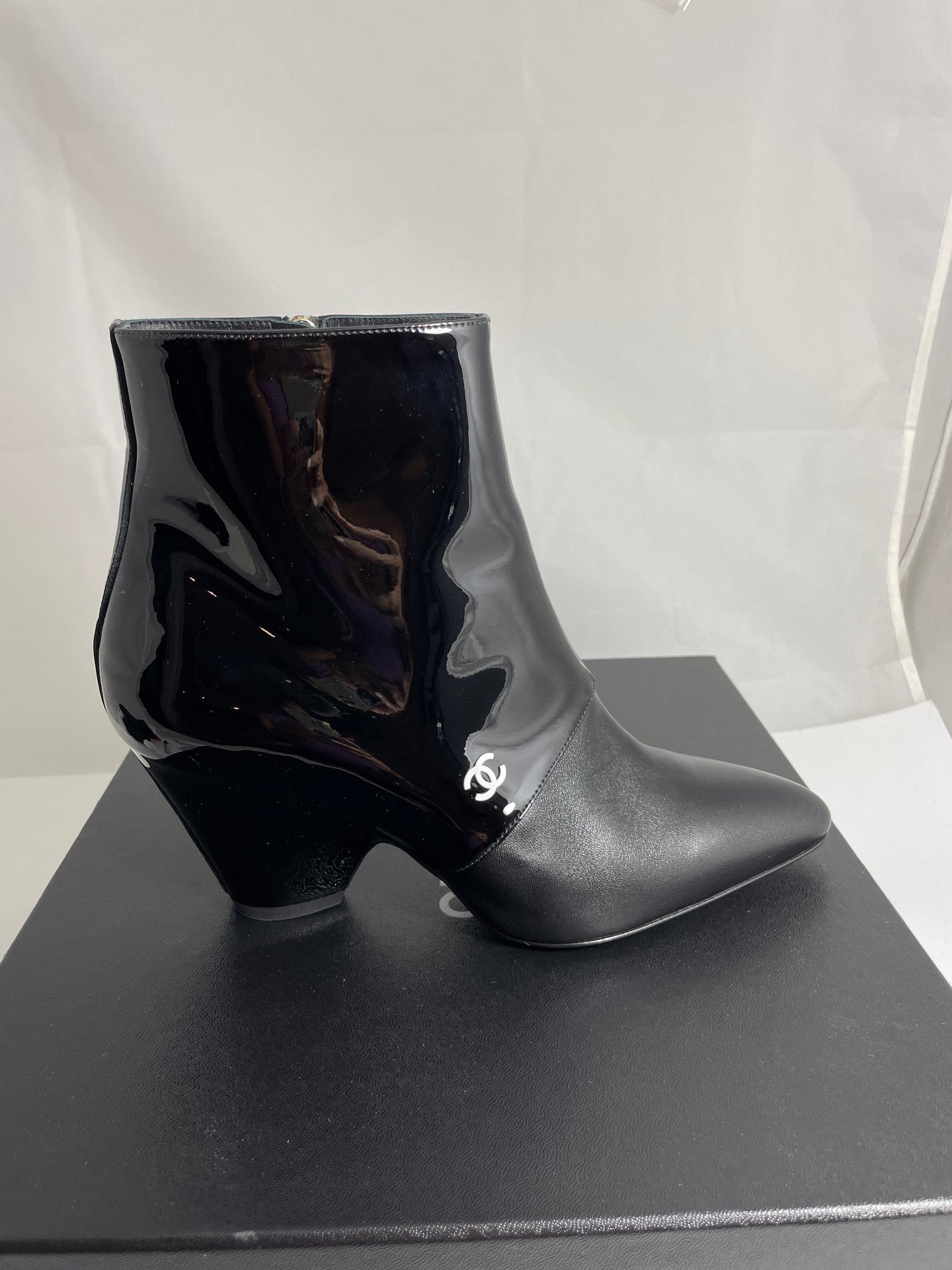 Chanel 20C Black Leather/ Patent Leather Booties
