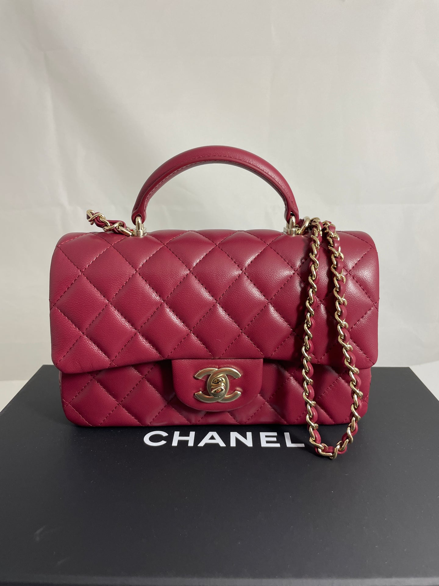 Chanel Classic Mini Rectangle Flap in 15B Burgundy Red Lambskin GHW
