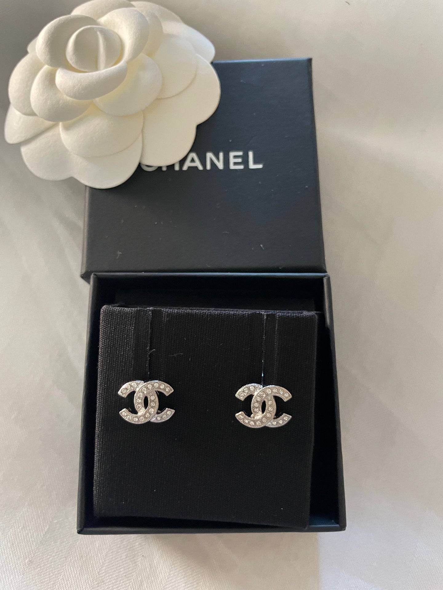 Chanel 22 CC Micro Silver Tone Crystal Earrings