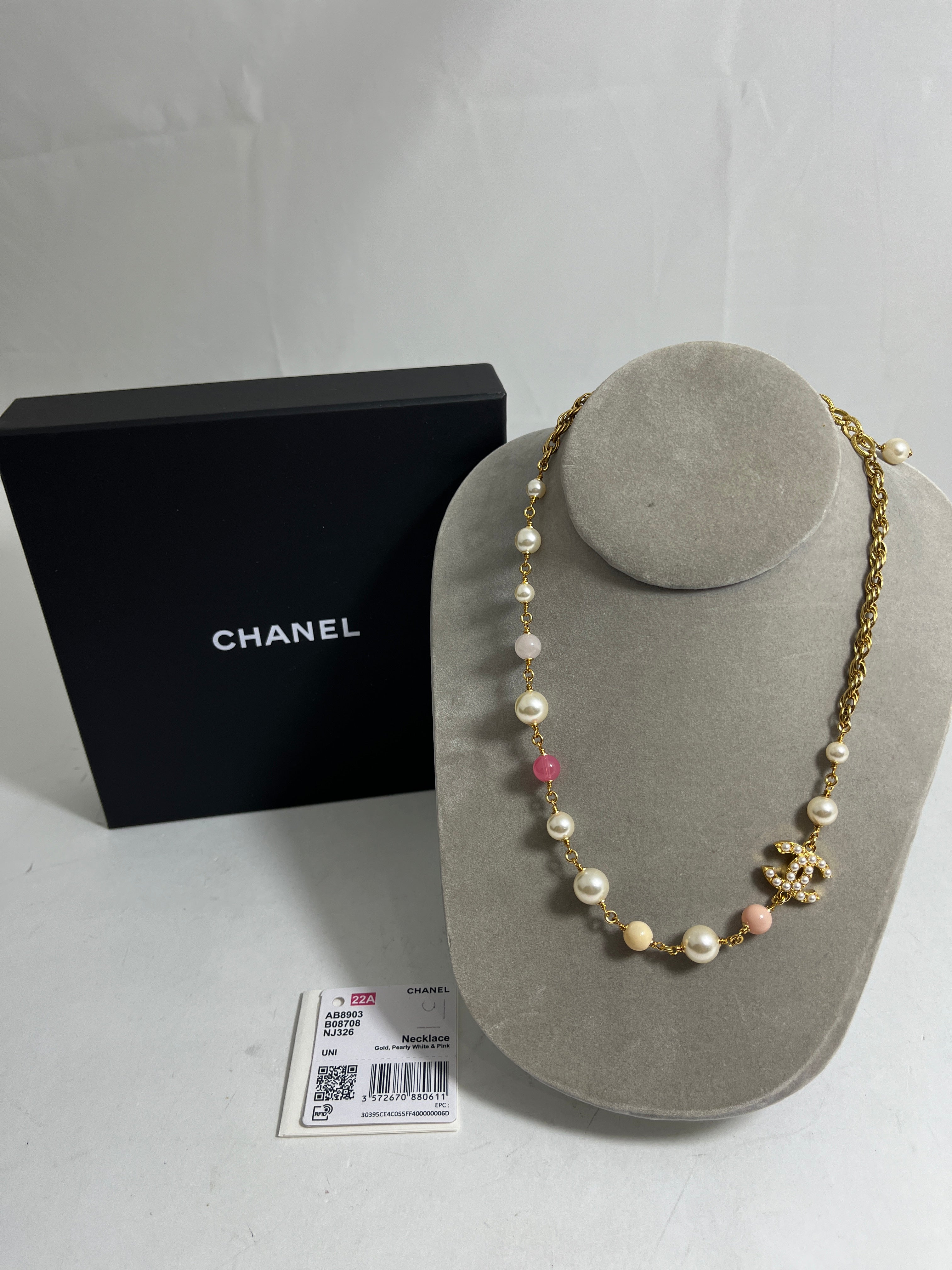 Chanel Gold Tone Crystal CC Pearl Short Necklace Chanel