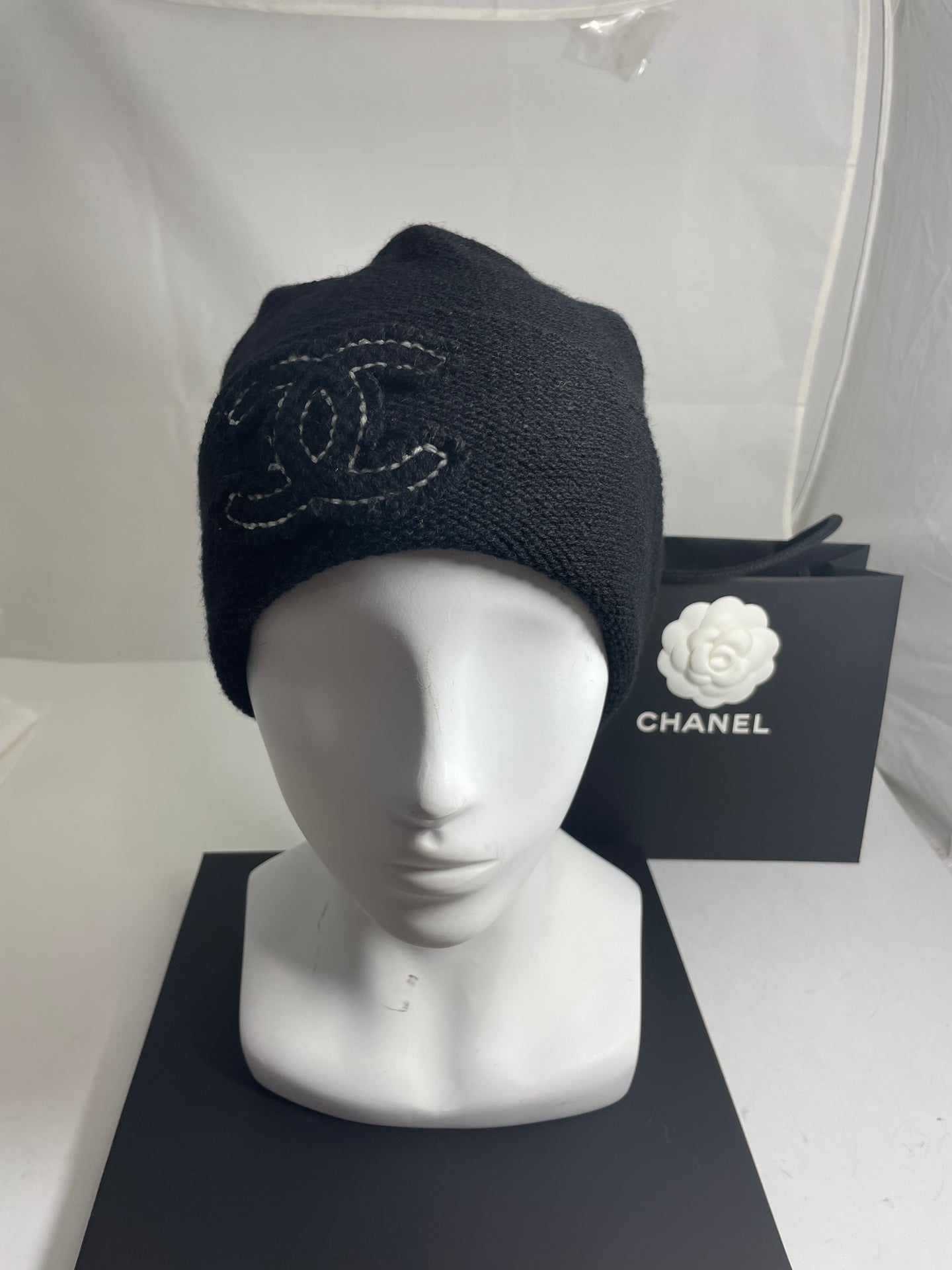 Chanel Cashmere Black CC White Trim Foldover Hat