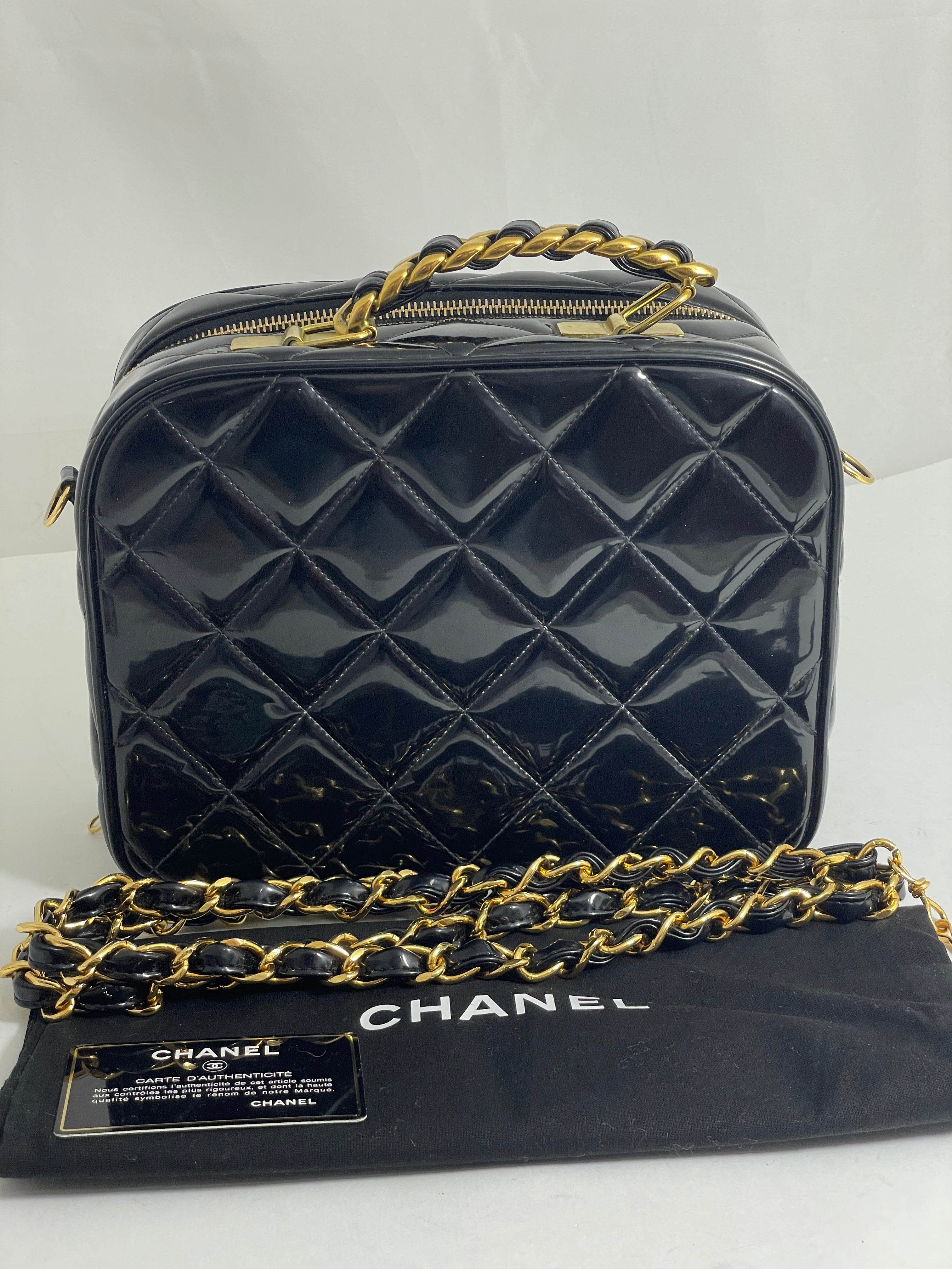 Chanel Vintage Chanel Black Quilted Patent Leather Fringe Shoulder