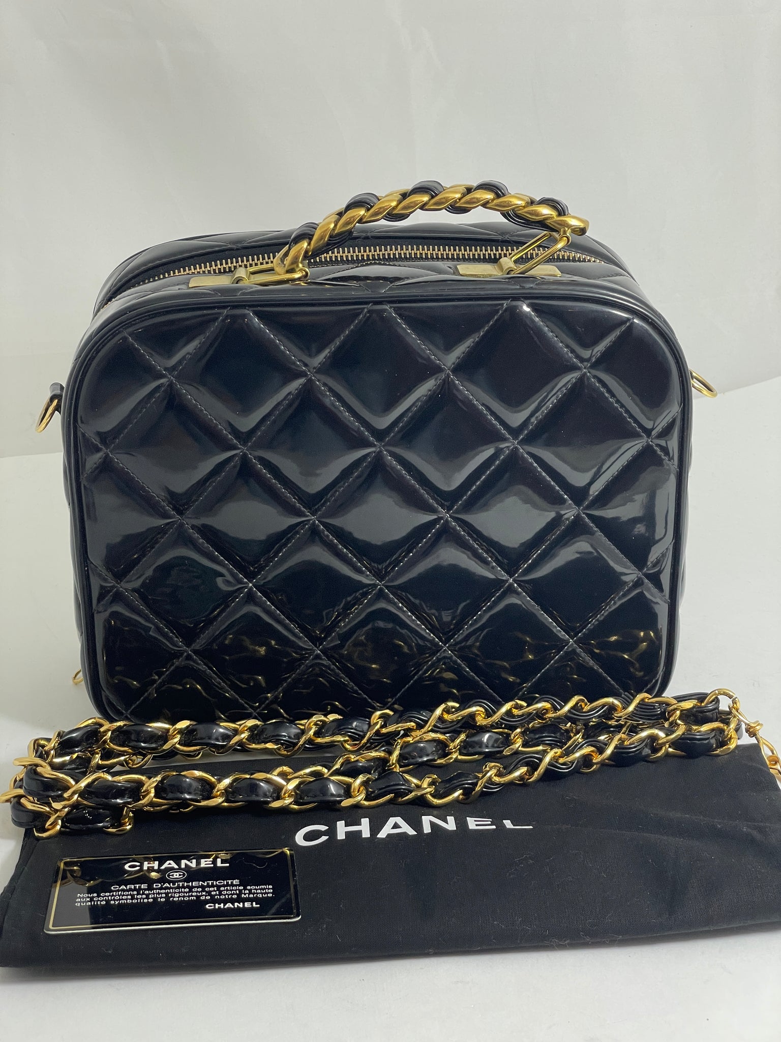 Chanel Vintage 1990s Lunch Box Black Patent Leather Handbag – The