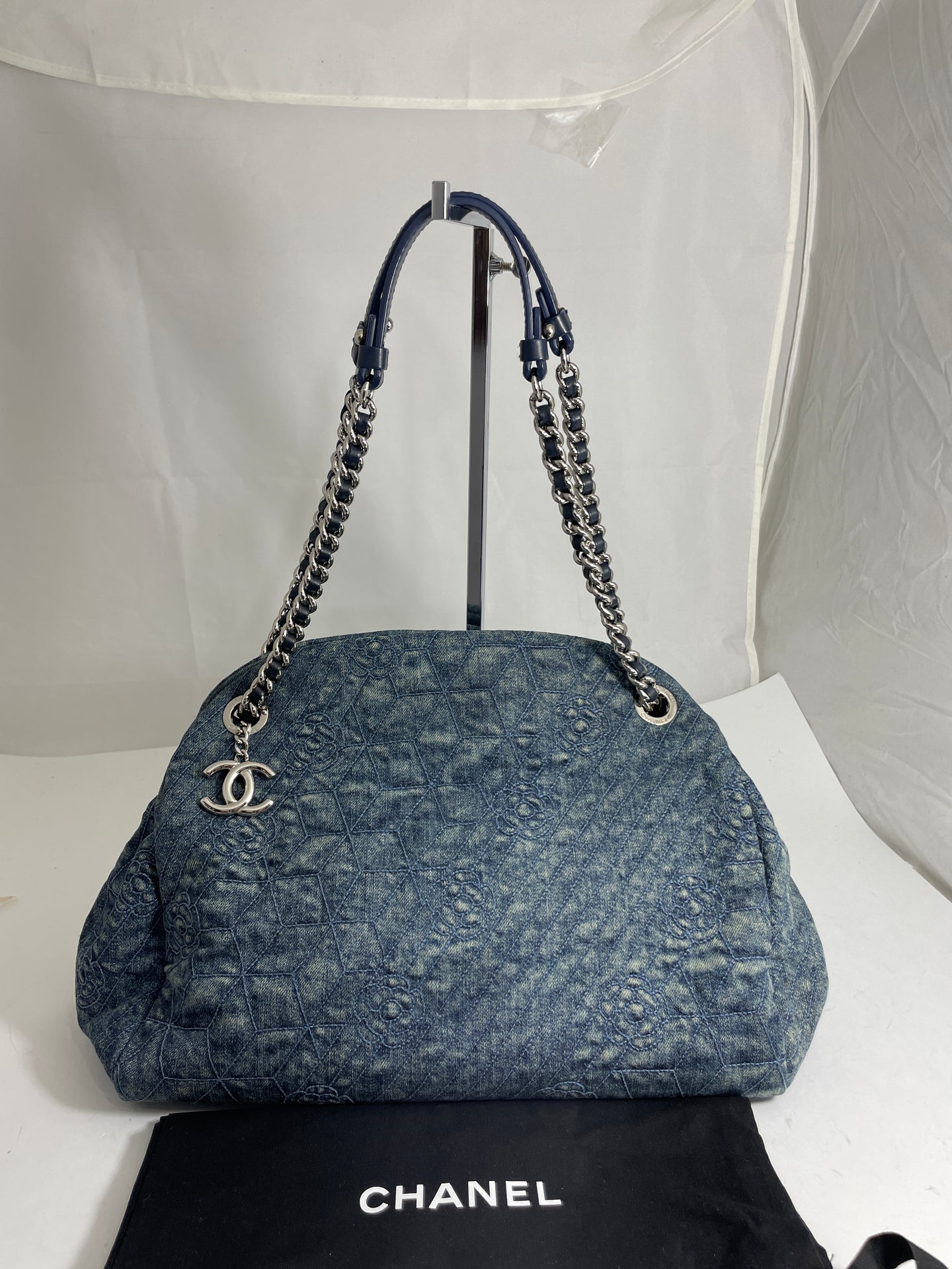 Chanel Denim Mademoiselle Camellia Bowler Crossbody Handbag
