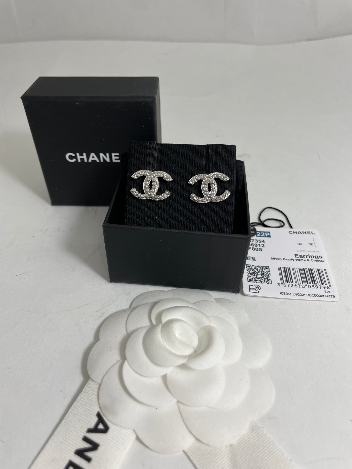 Chanel CC Silver Tone Pearl Crystal Earrings