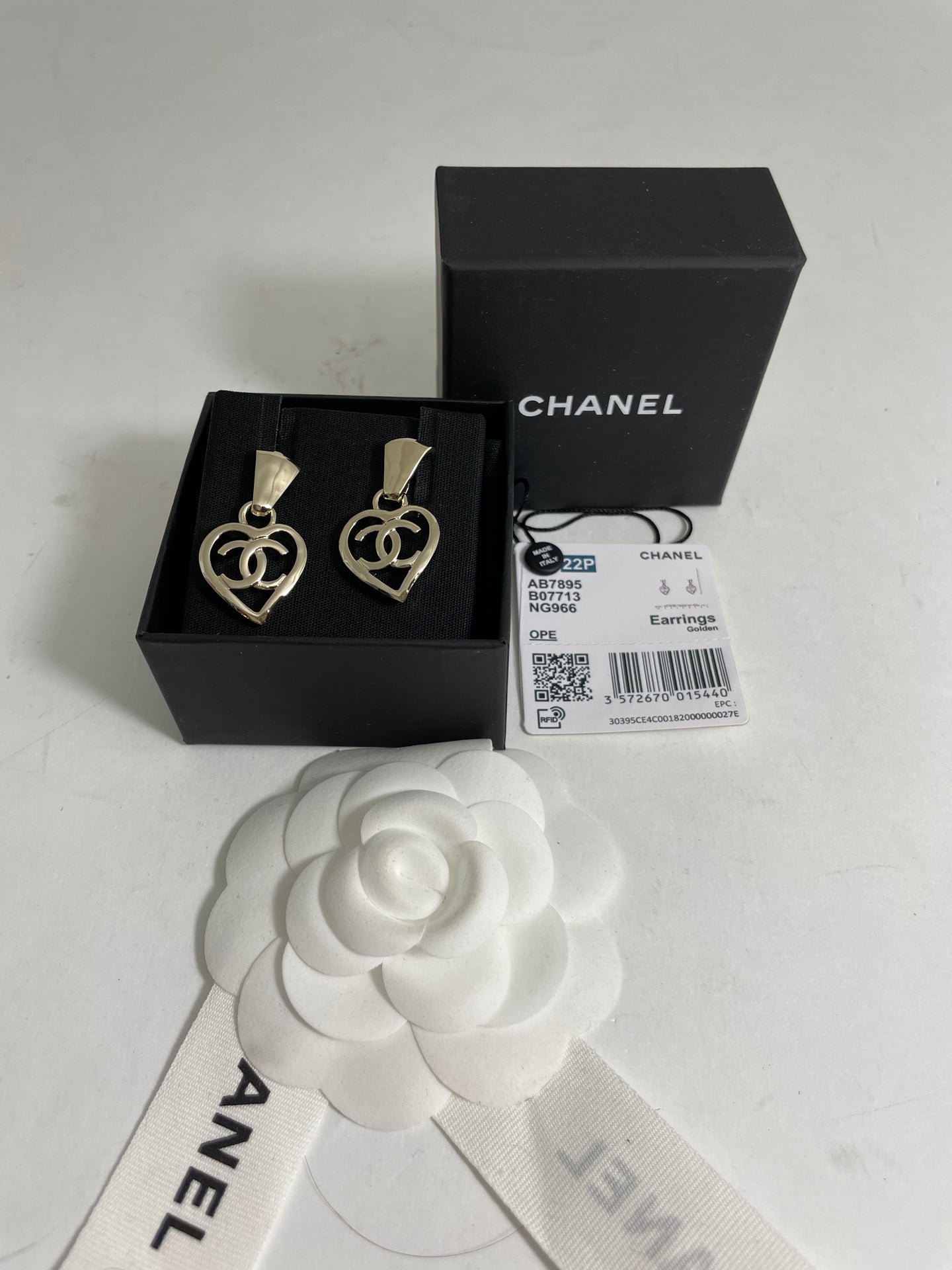 Chanel 22P Gold Tone Hanging Heart Earrings