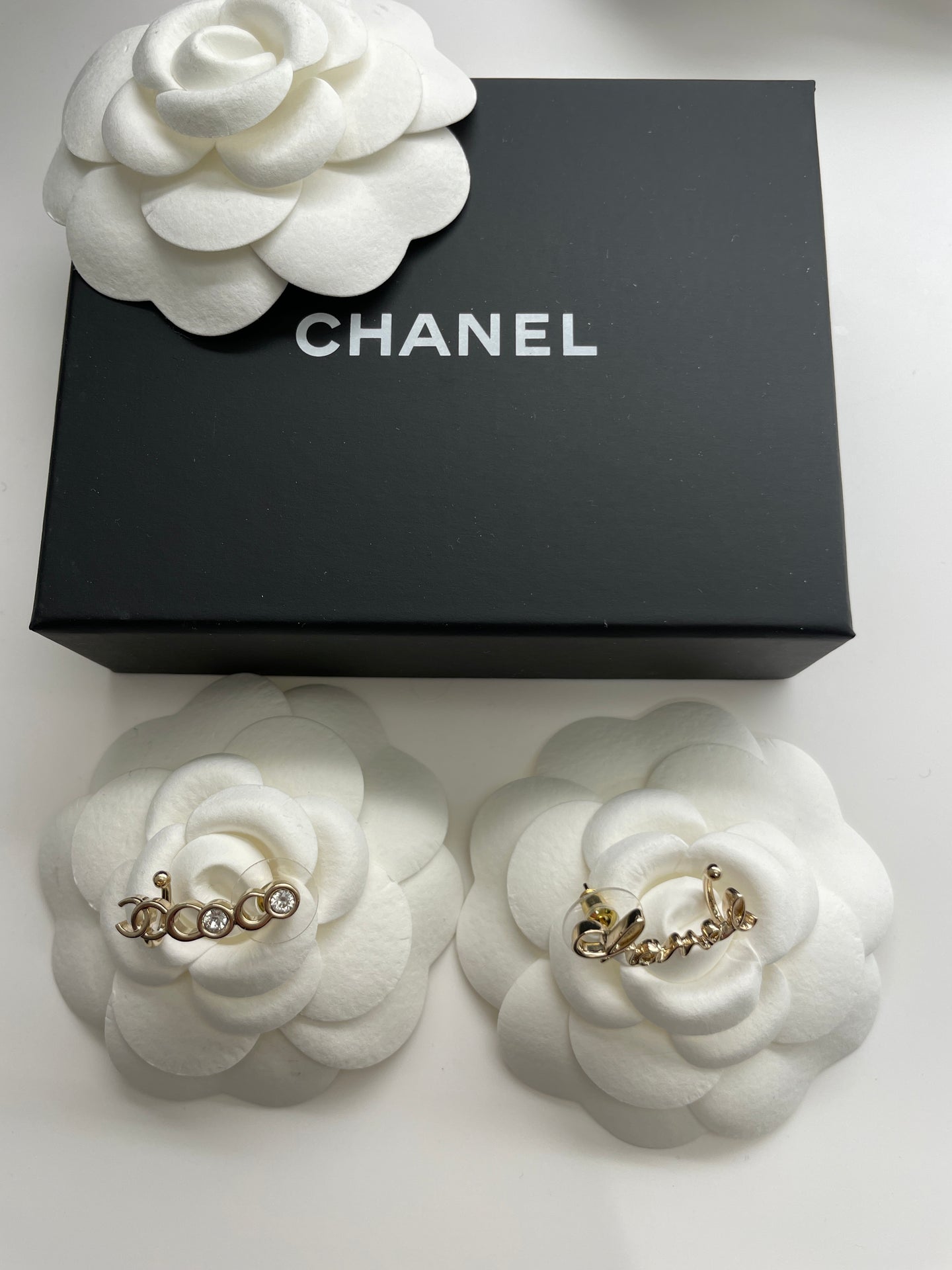 Chanel CC Gold Stud Crystal Post & Cuff Inlay Earrings