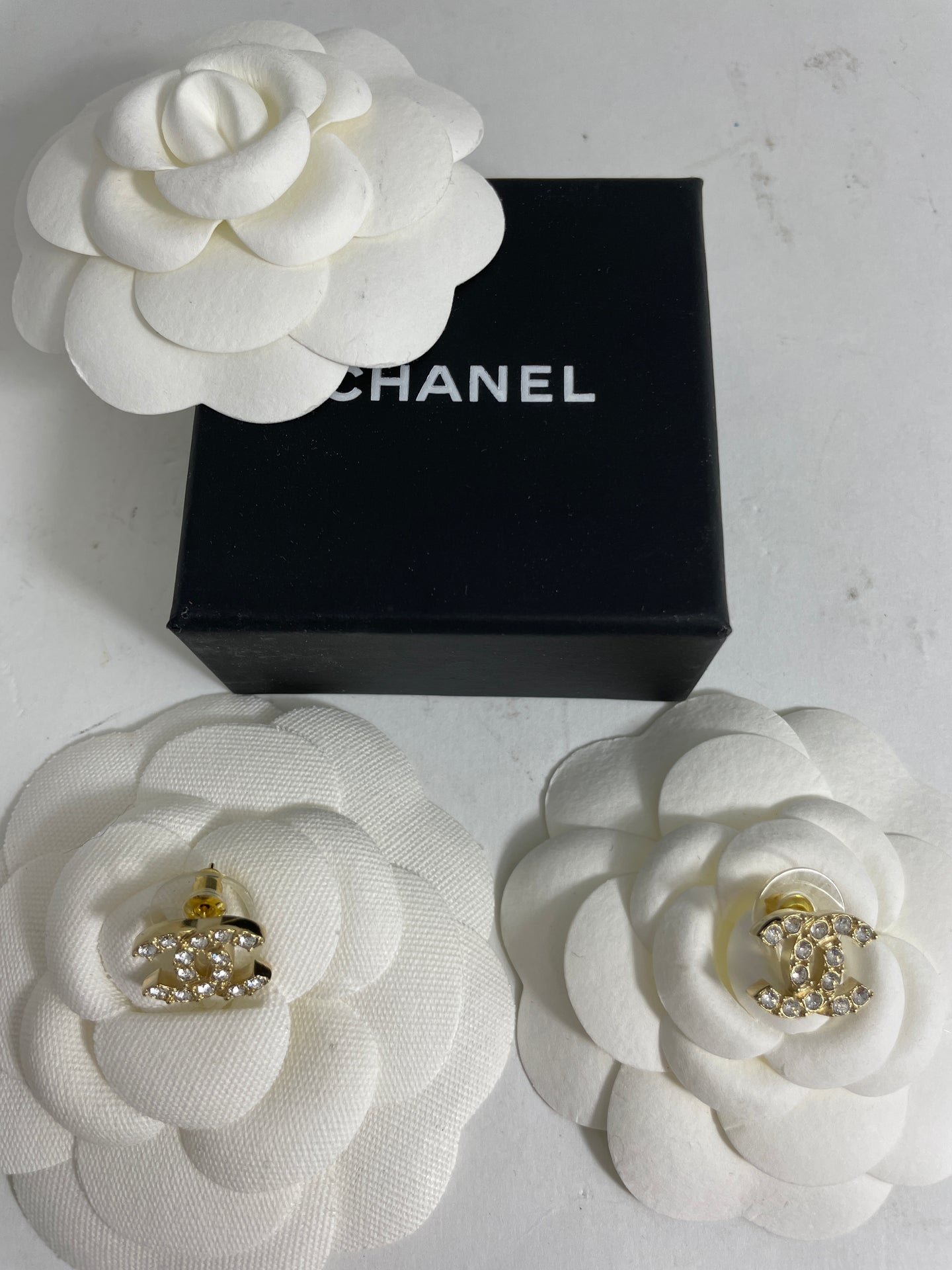 Chanel CC Gold Stud Crystal Inlay Earrings