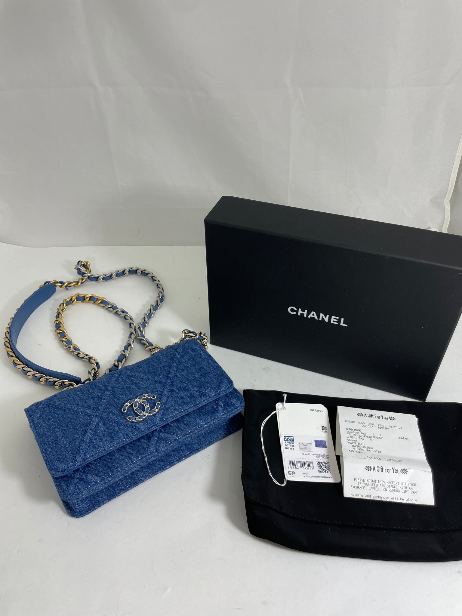 Chanel 19 Blue Denim Quilted WOC Crossbody Bag