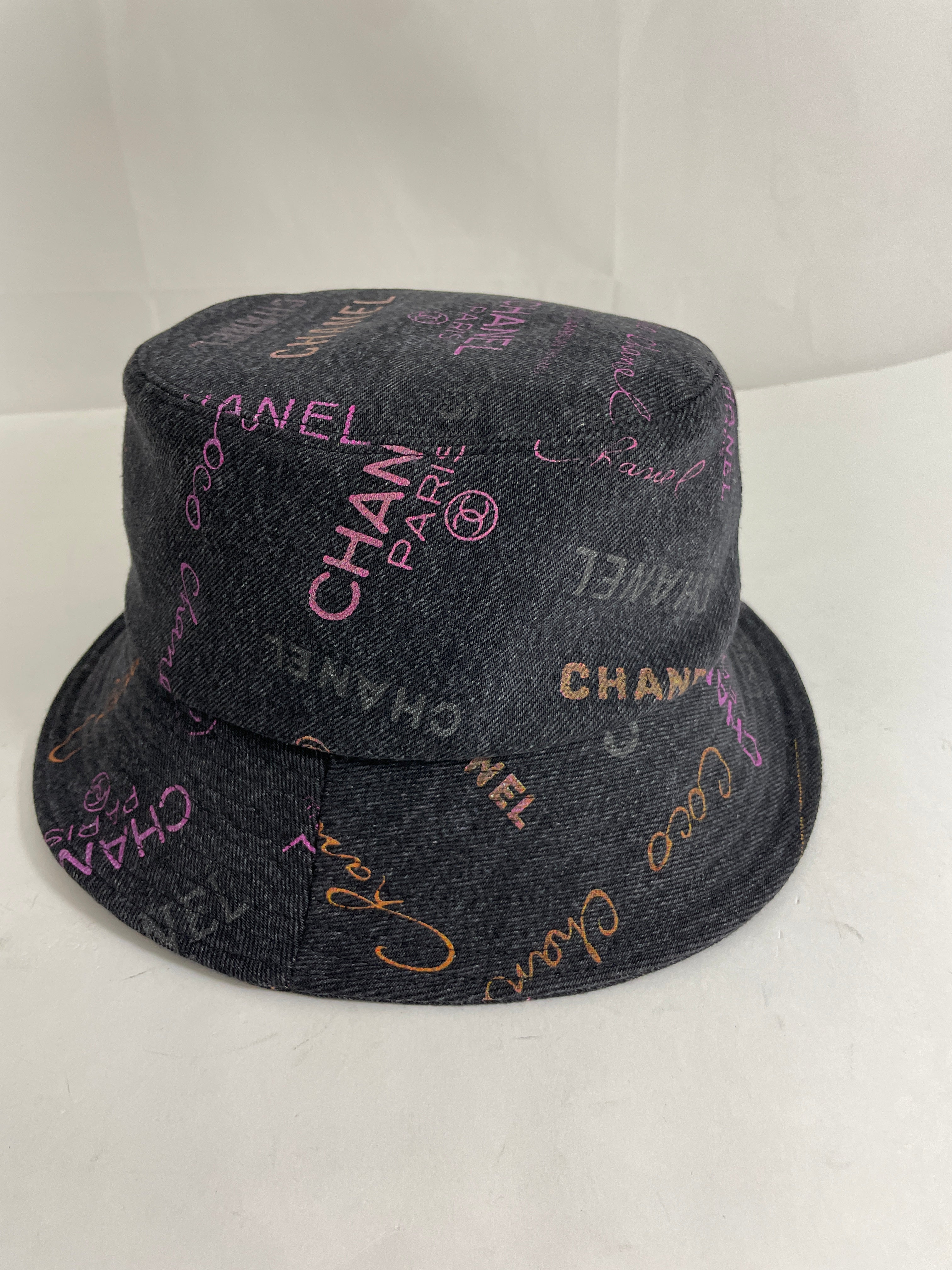 NEW 100%AUTH Chanel 22P Black Denim Cloche Bucket Hat Crystal/Sequin CHANEL  SZ M