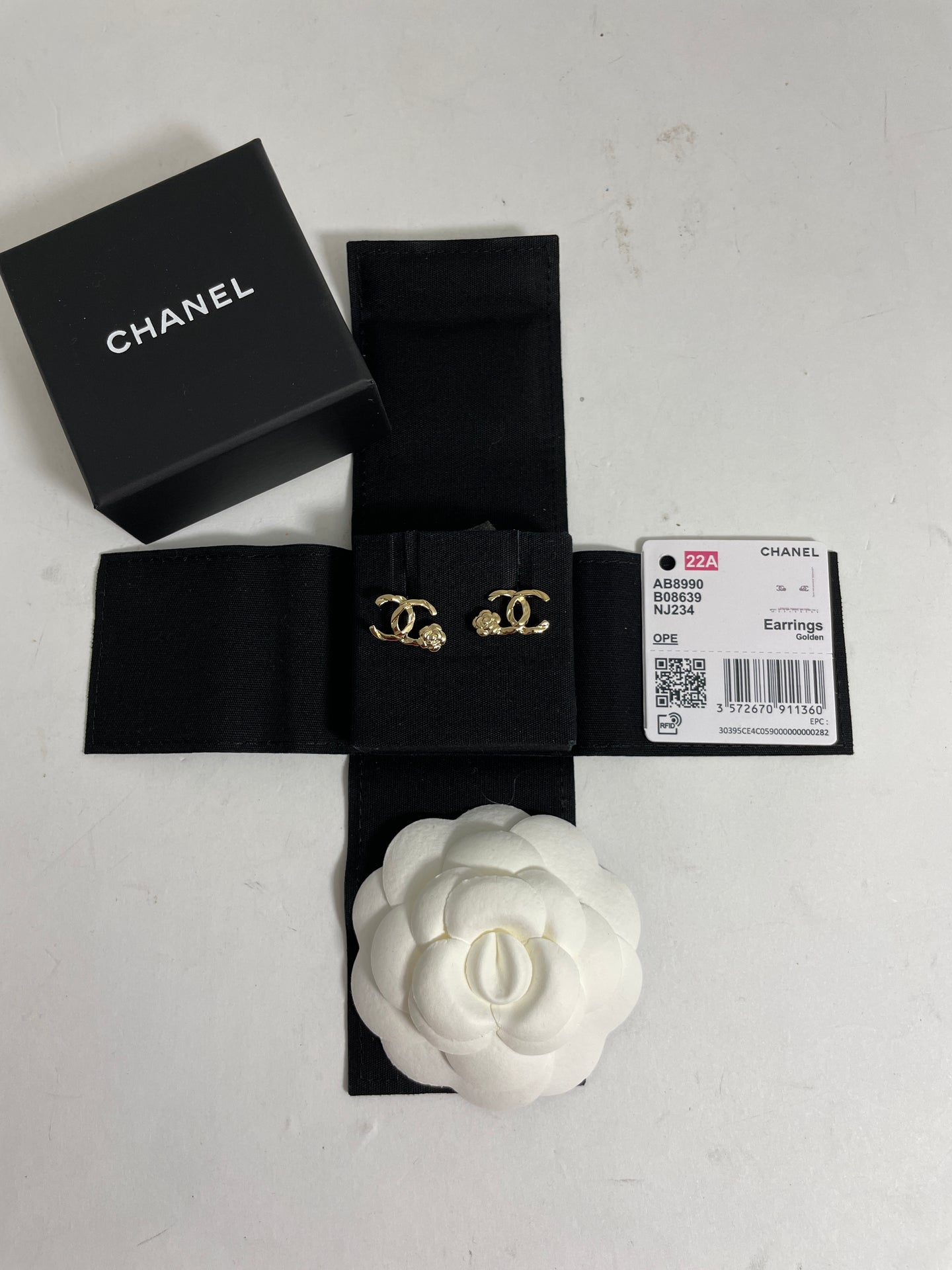 Chanel 22A Gold Tone Camellia Earrings