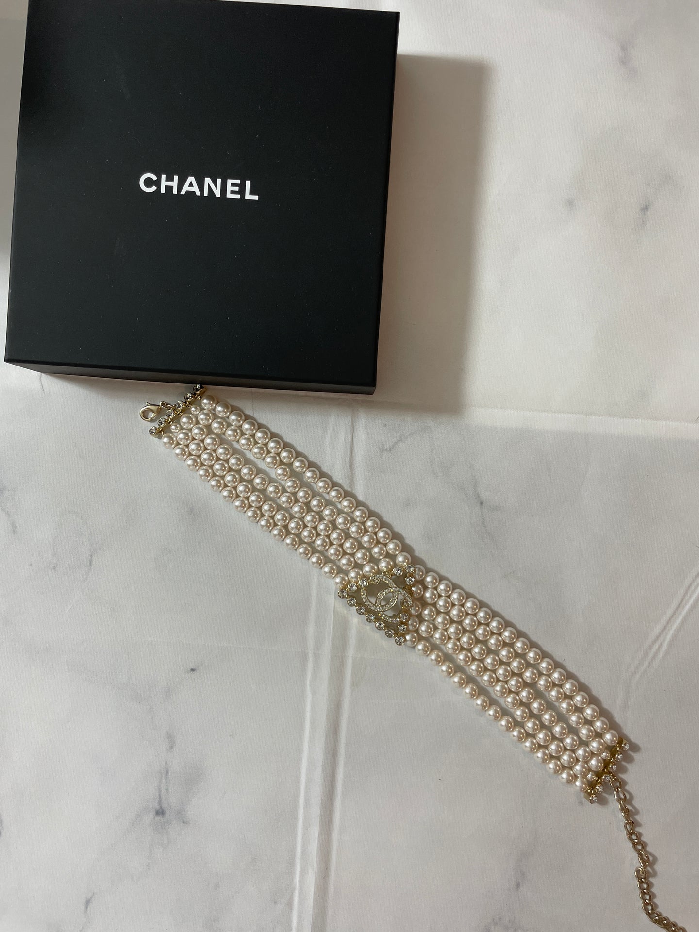 Chanel CC Crystal 5 Layer Faux PearlChoker Necklace