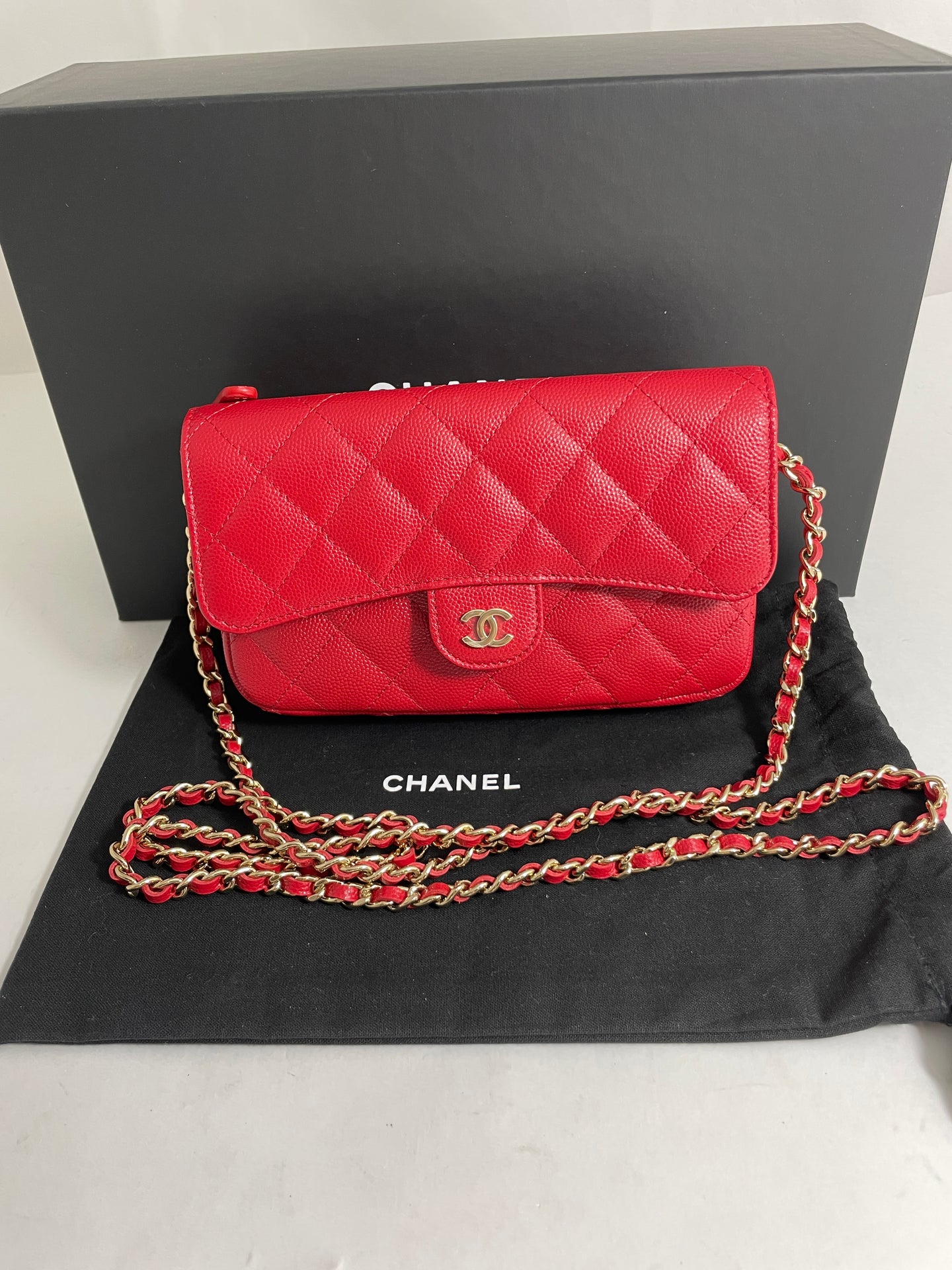 Chanel Classic Red Caviar Phone Holder Woc Small Handbag