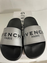 Load image into Gallery viewer, Givenchy Silver Black Logo Print Slides
