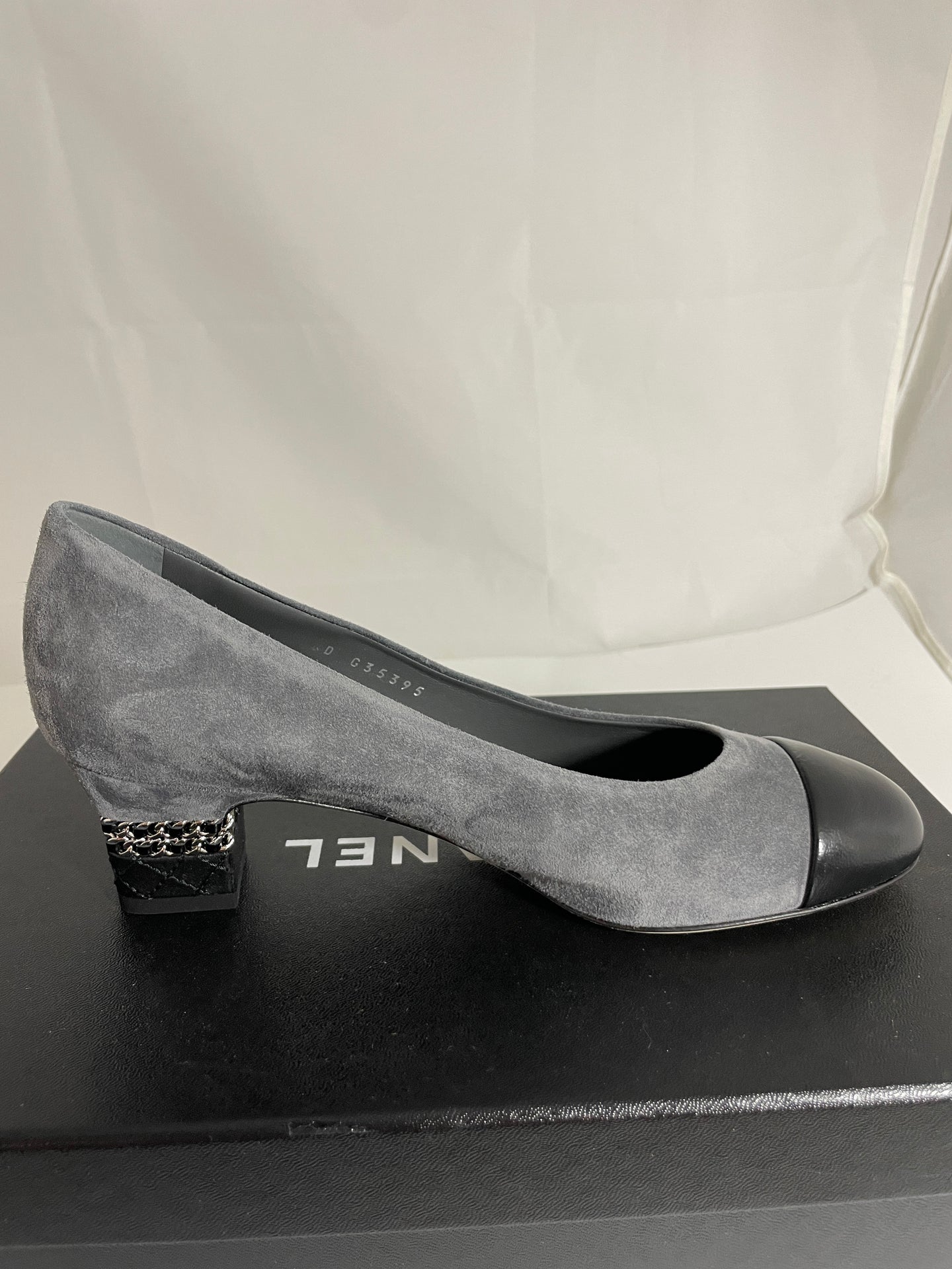 Chanel 20C Gray Suede Black Leather Pumps