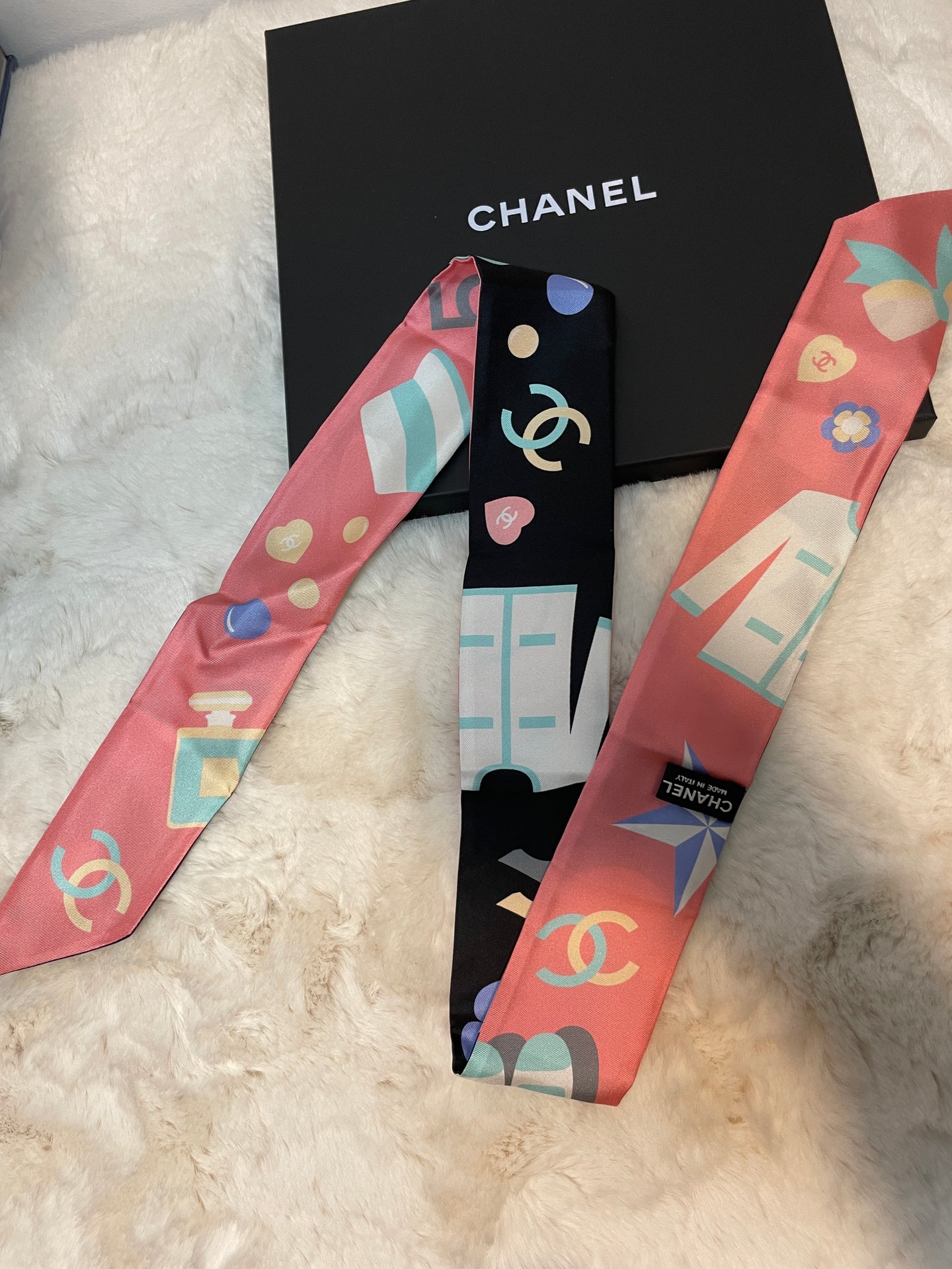 Chanel Black With Pink Multicolor Twilly Scarf