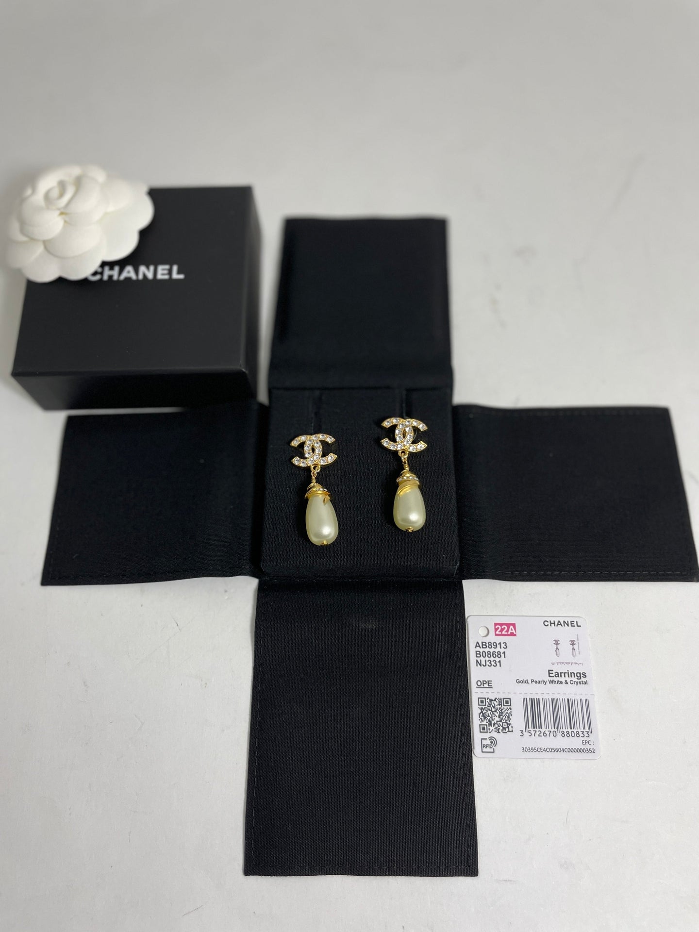 Chanel 22A CC Crystal Gold Tone Oval Pearl Drop Earrings
