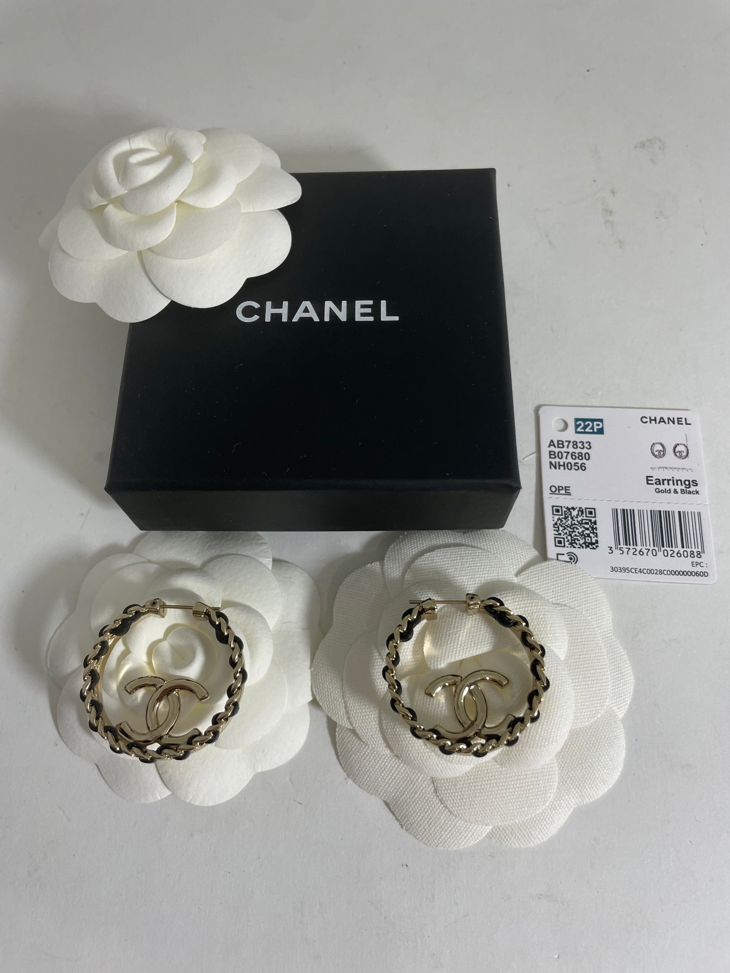 Chanel 22P Gold Hoop Black Leather CC Earrings